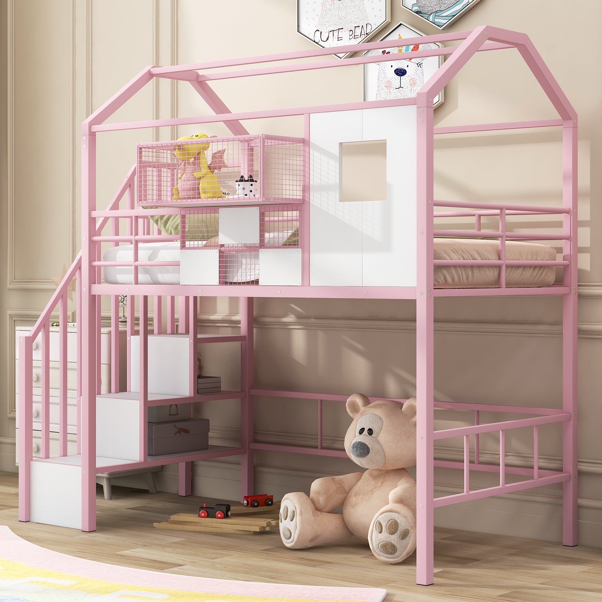 Pink Twin Metal Loft Bed with Roof Design & Storage Box