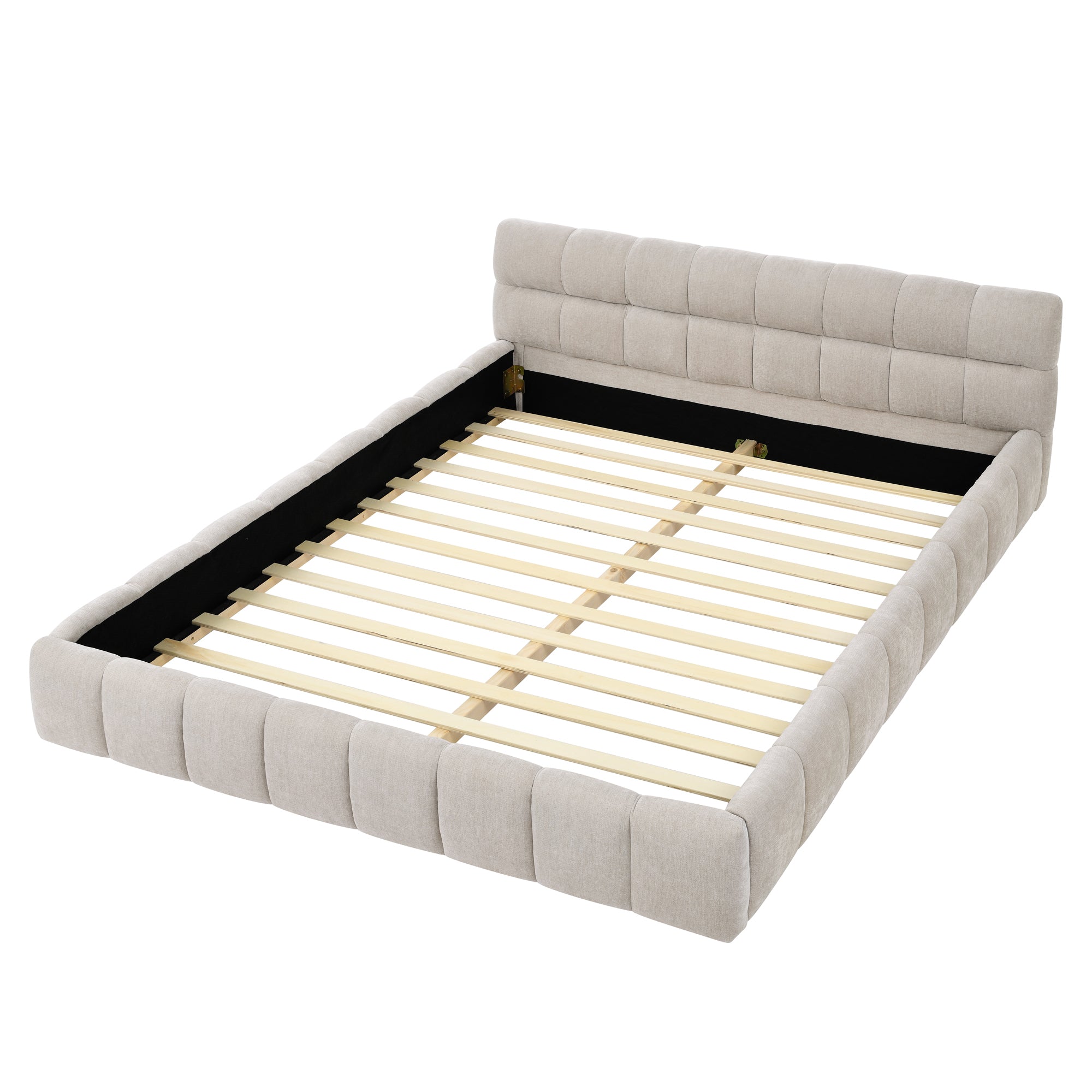 Beige Chenille Queen Upholstered Bed Frame