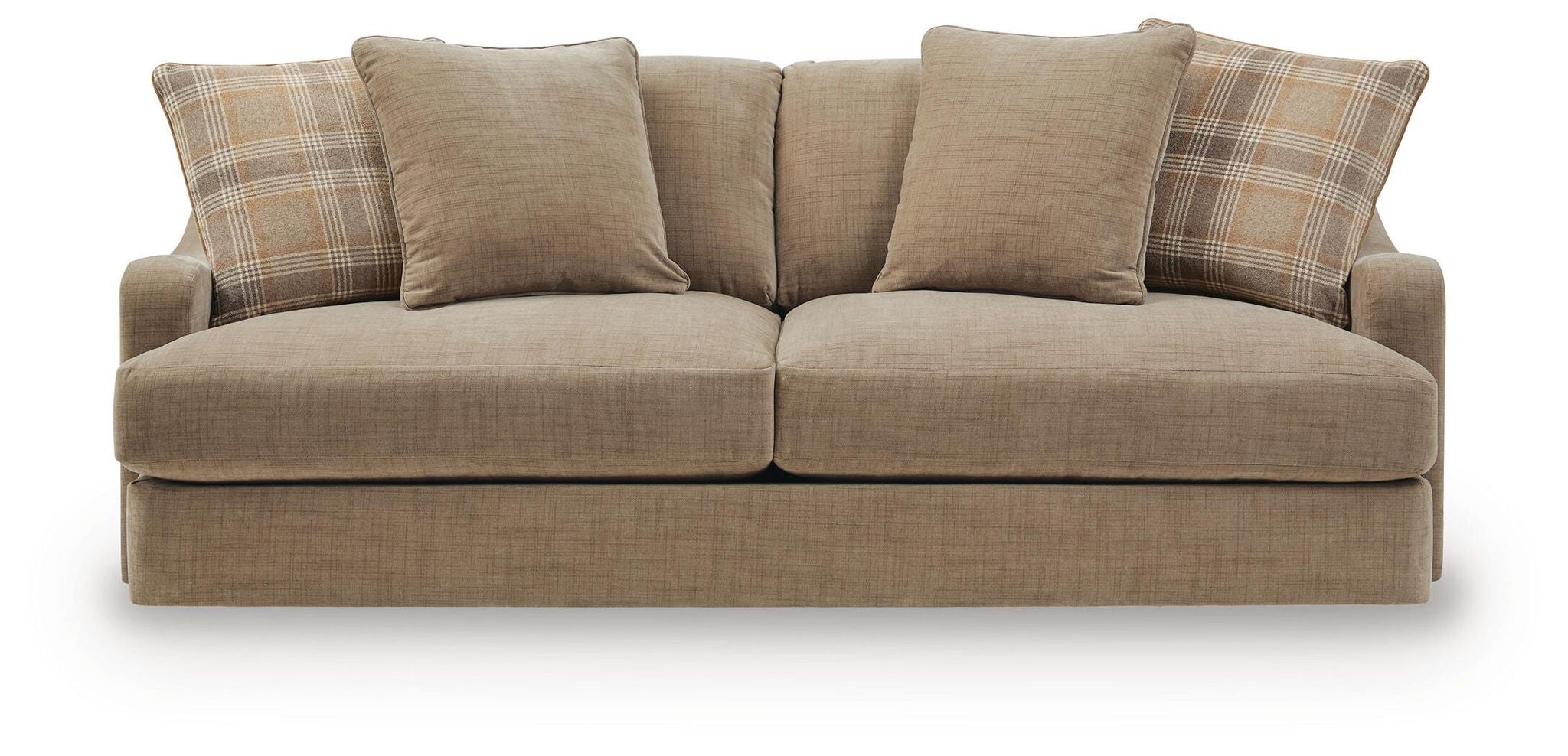 Sofa with light beige fabric and plaid accent pillows on the backrest