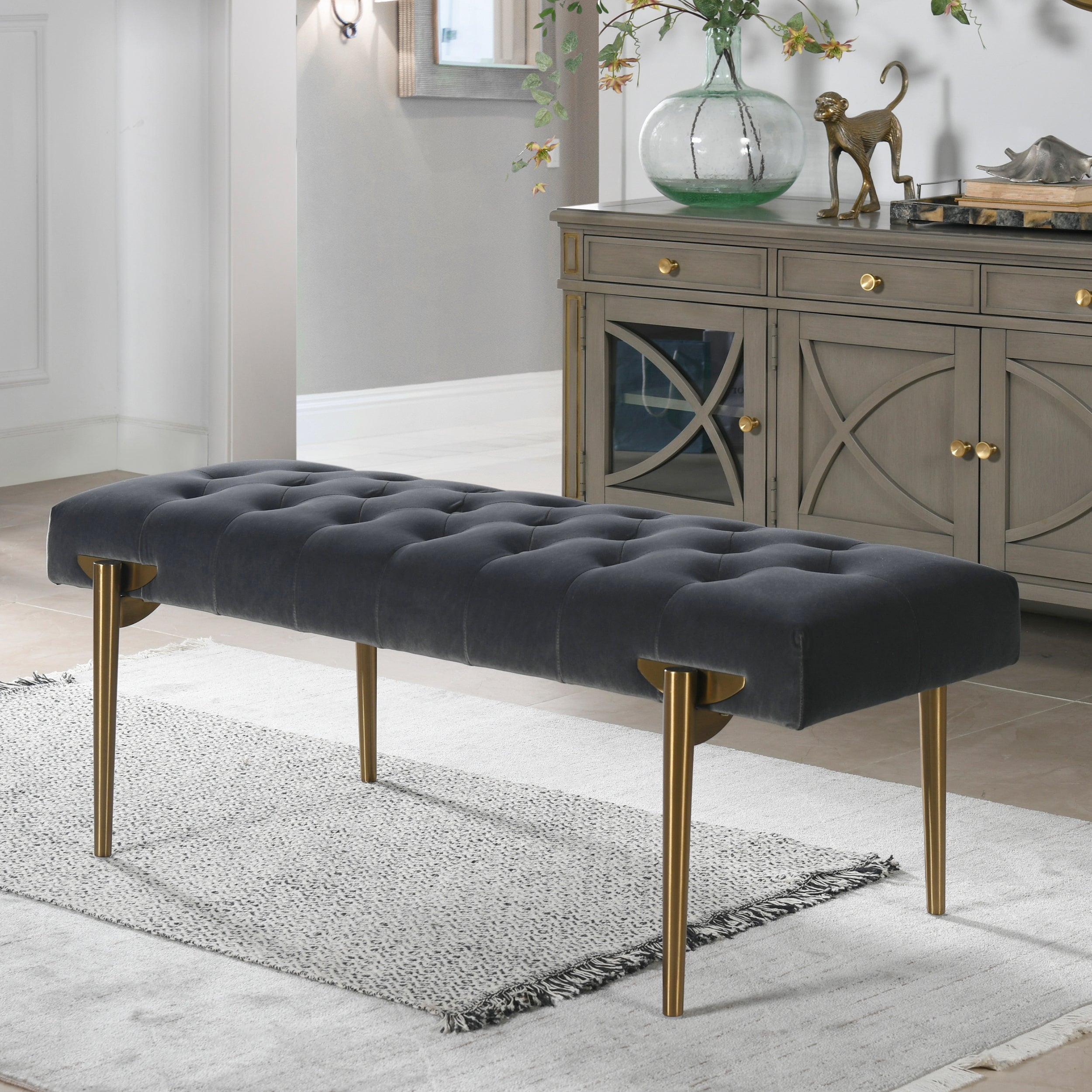 Aria Gold Accent Bench - Steel Gray Performance Velvet