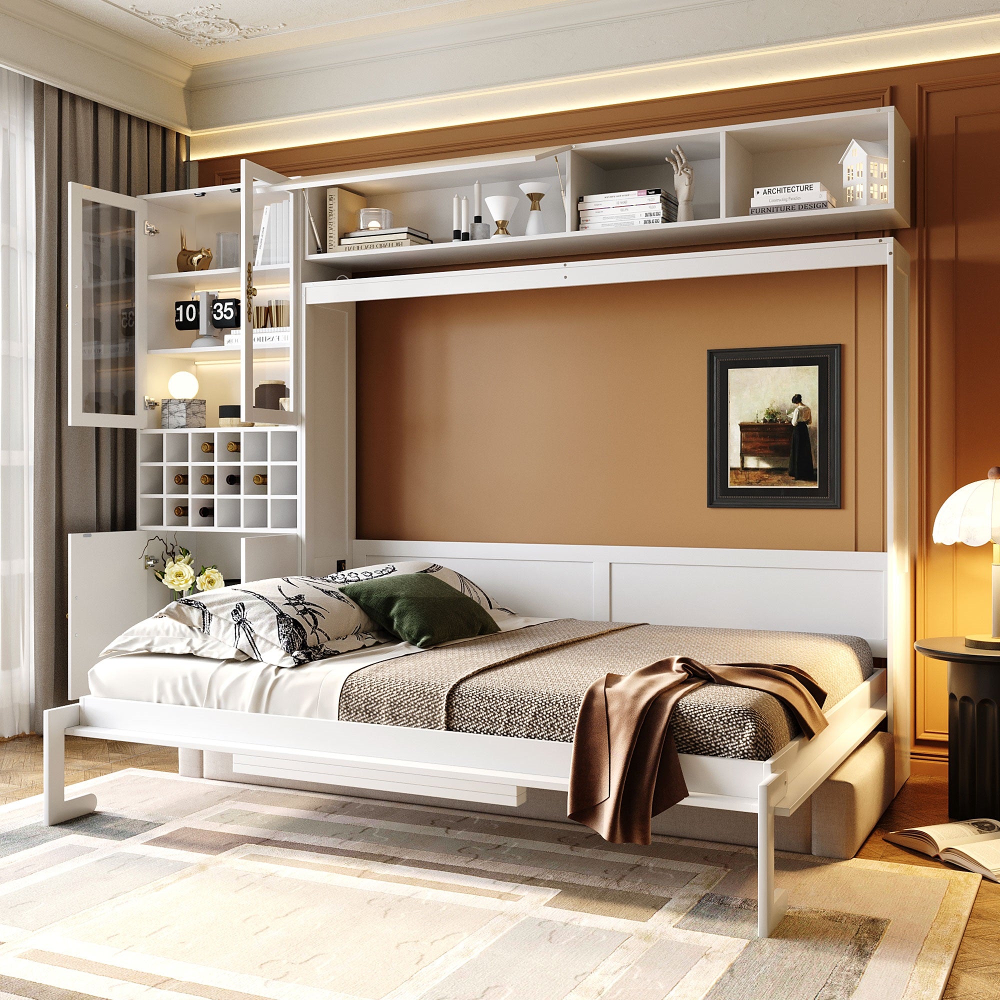 White Queen Murphy Wall Bed: Sofa, Shelves, USB & Light