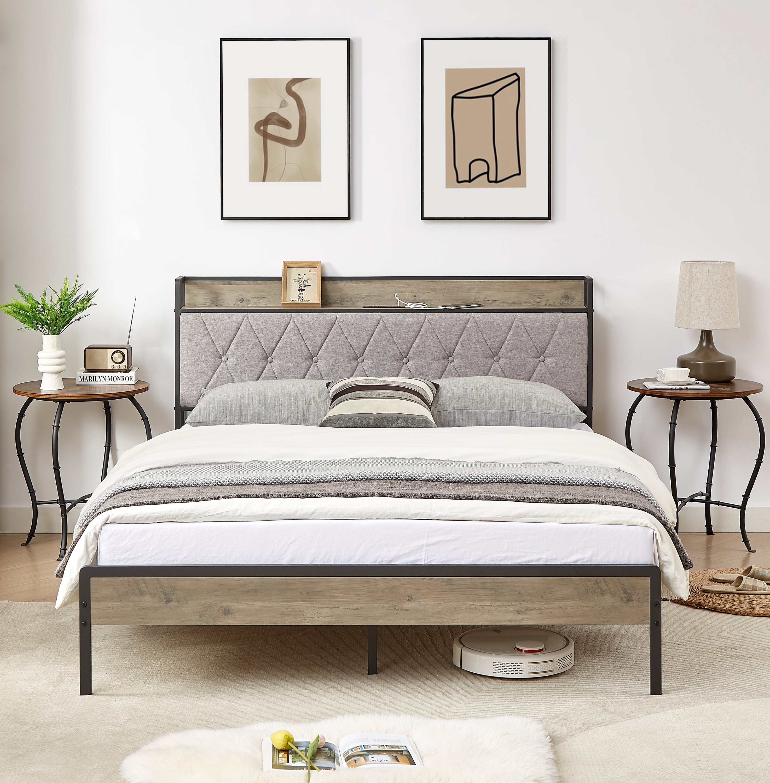 Queen Bed Frame with USB Charging Station - Grey Platform