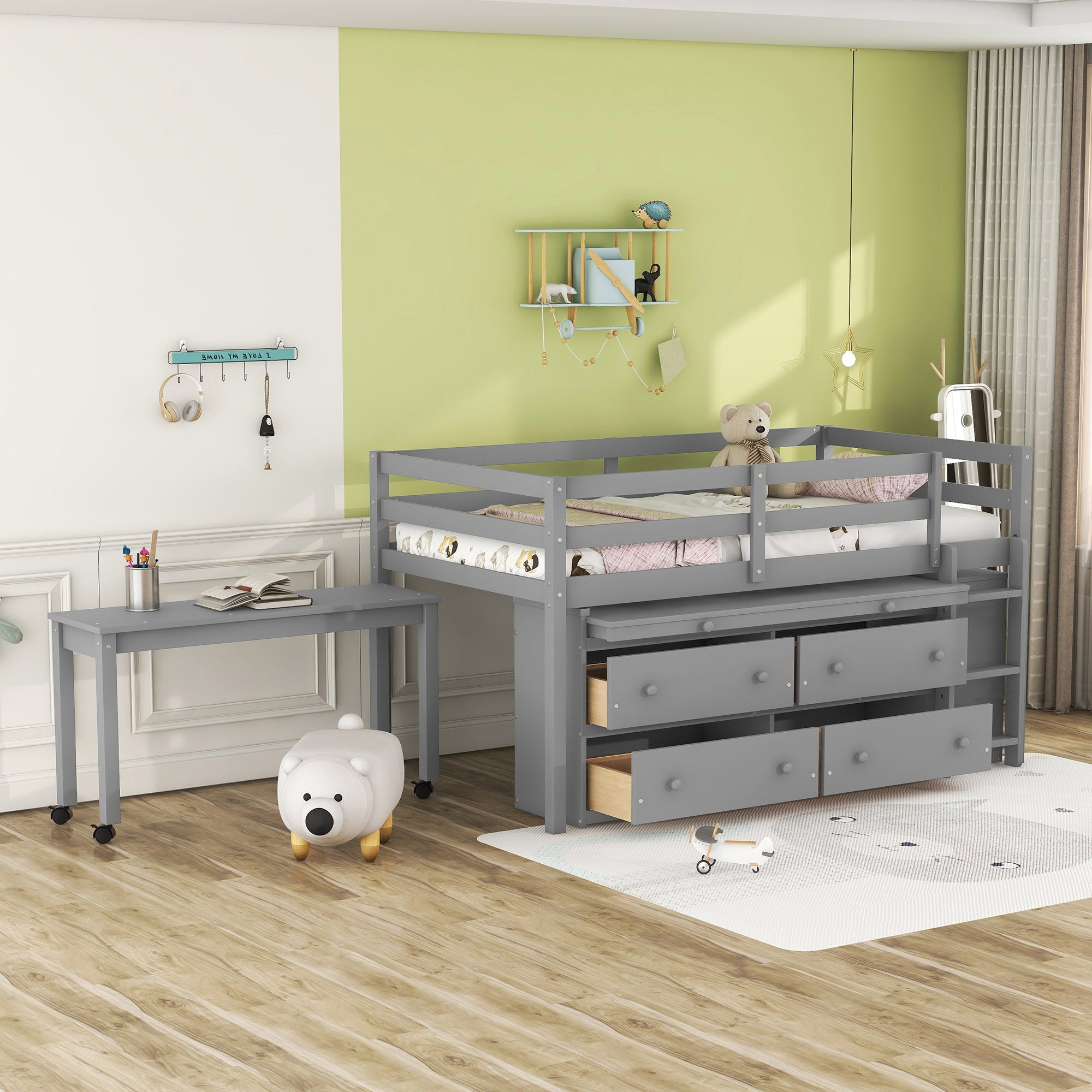 Twin Loft Bed with Retractable Desk, Drawers & Shelves - Gray Wood