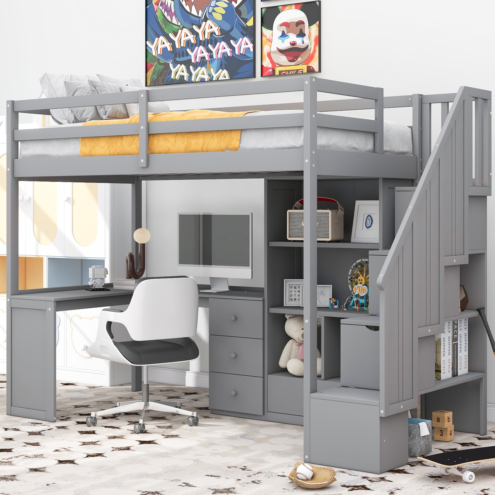 Twin Loft Bed with Desk, Drawers & Storage Staircase - Gray