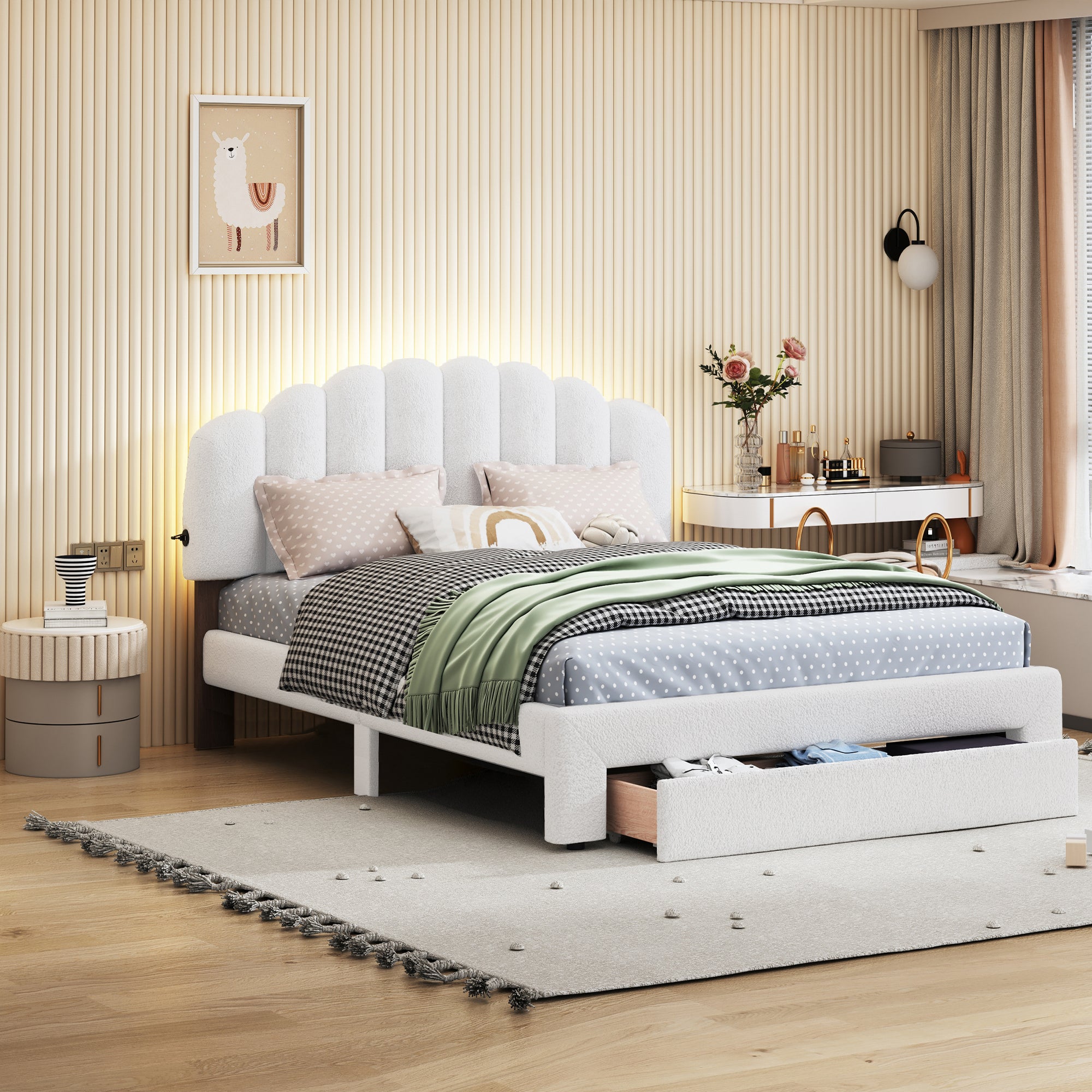 Teddy Fleece Queen Upholstered Platform Bed with Drawer - White