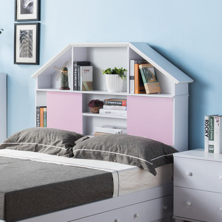 White Full Size Bookcase Headboard w/Pink Sliding Doors