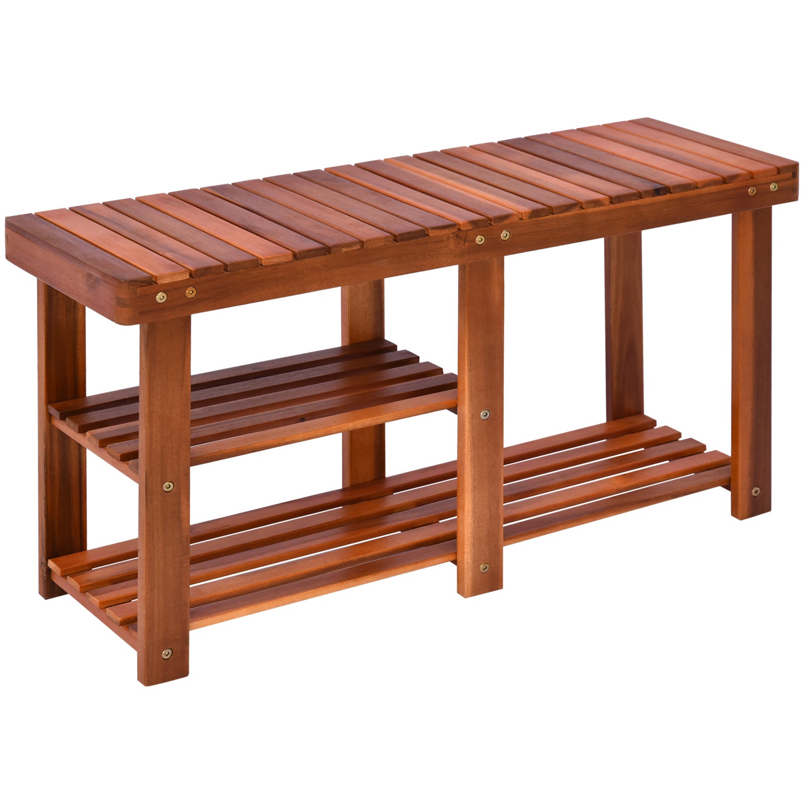 Acacia Wood 3-Tier Shoe Rack Bench, Entryway Storage Teak
