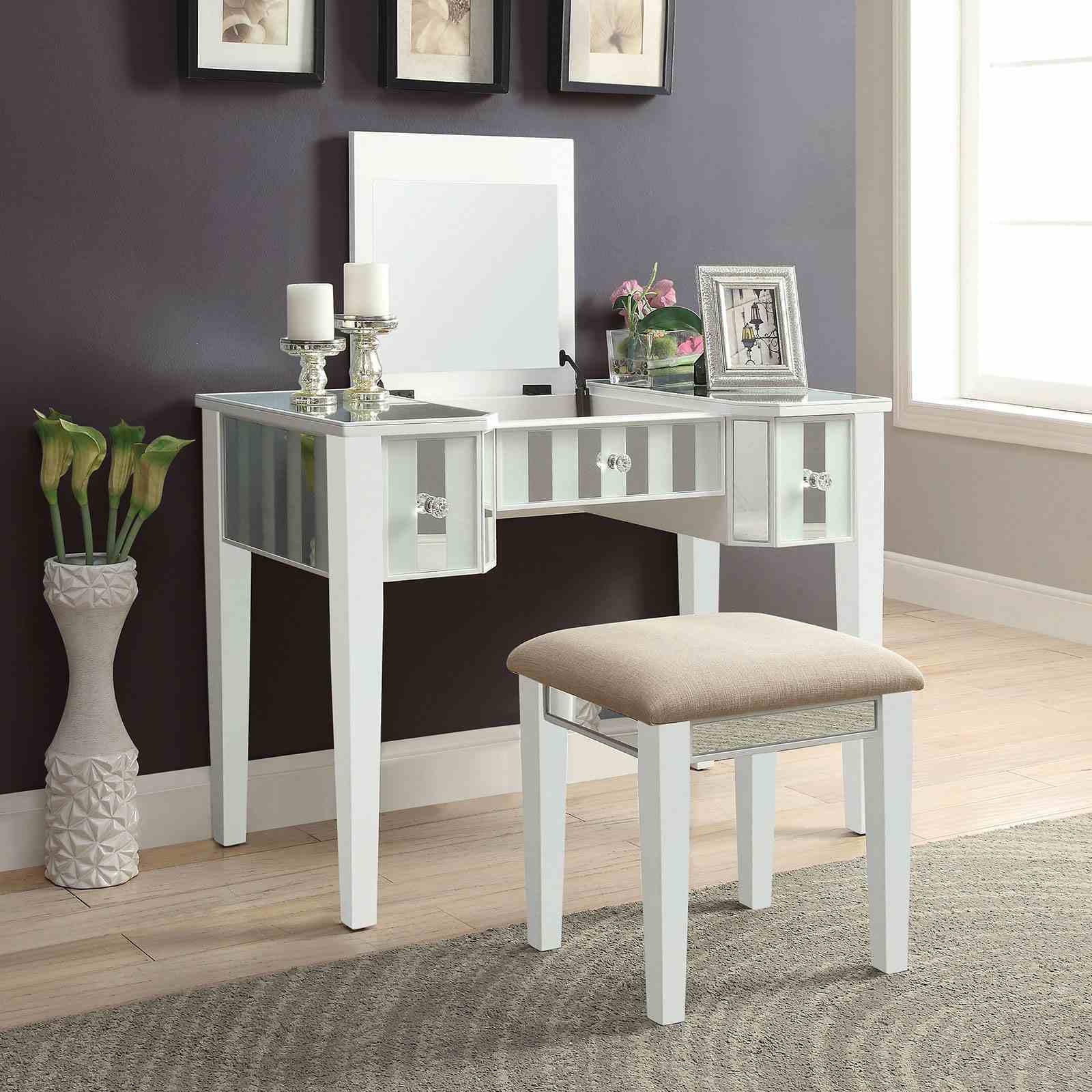 Transitional White Vanity w/ Stool Set, Storage & Mirror
