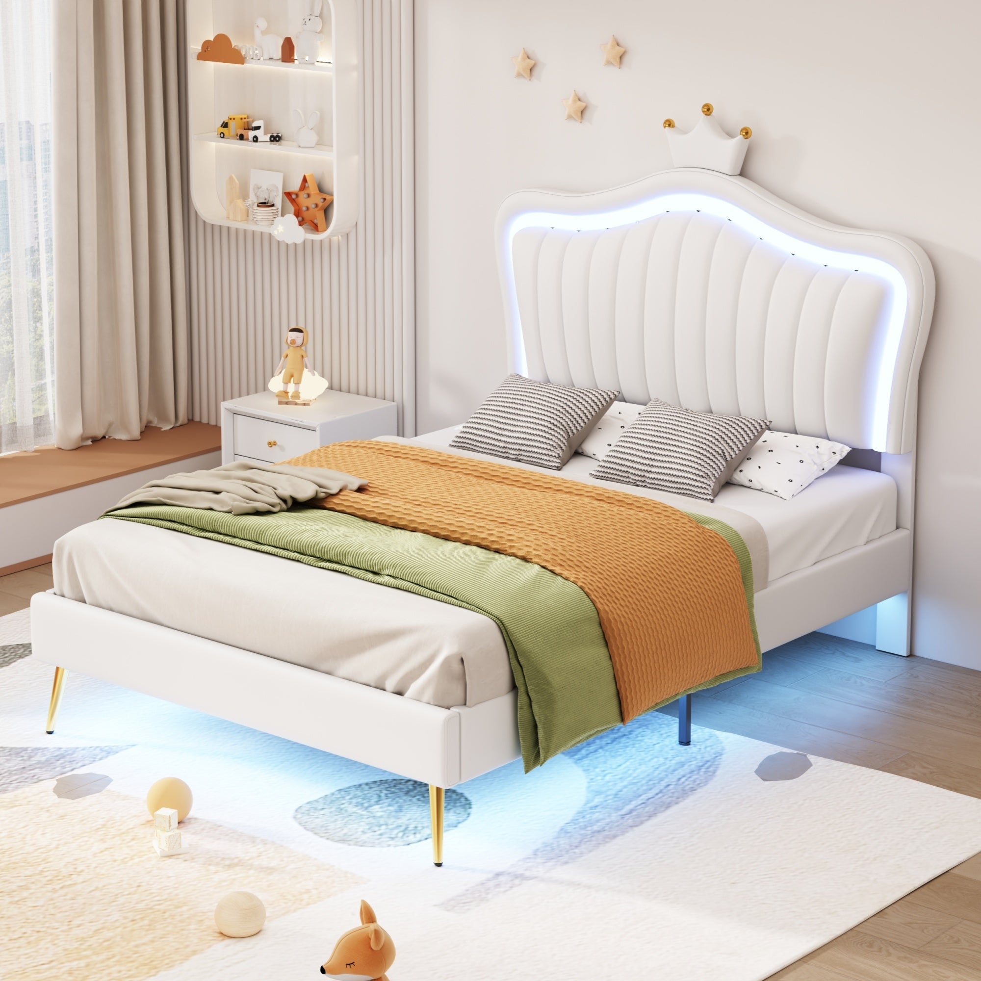White Twin Upholstered Bed with LED Lights & Crown