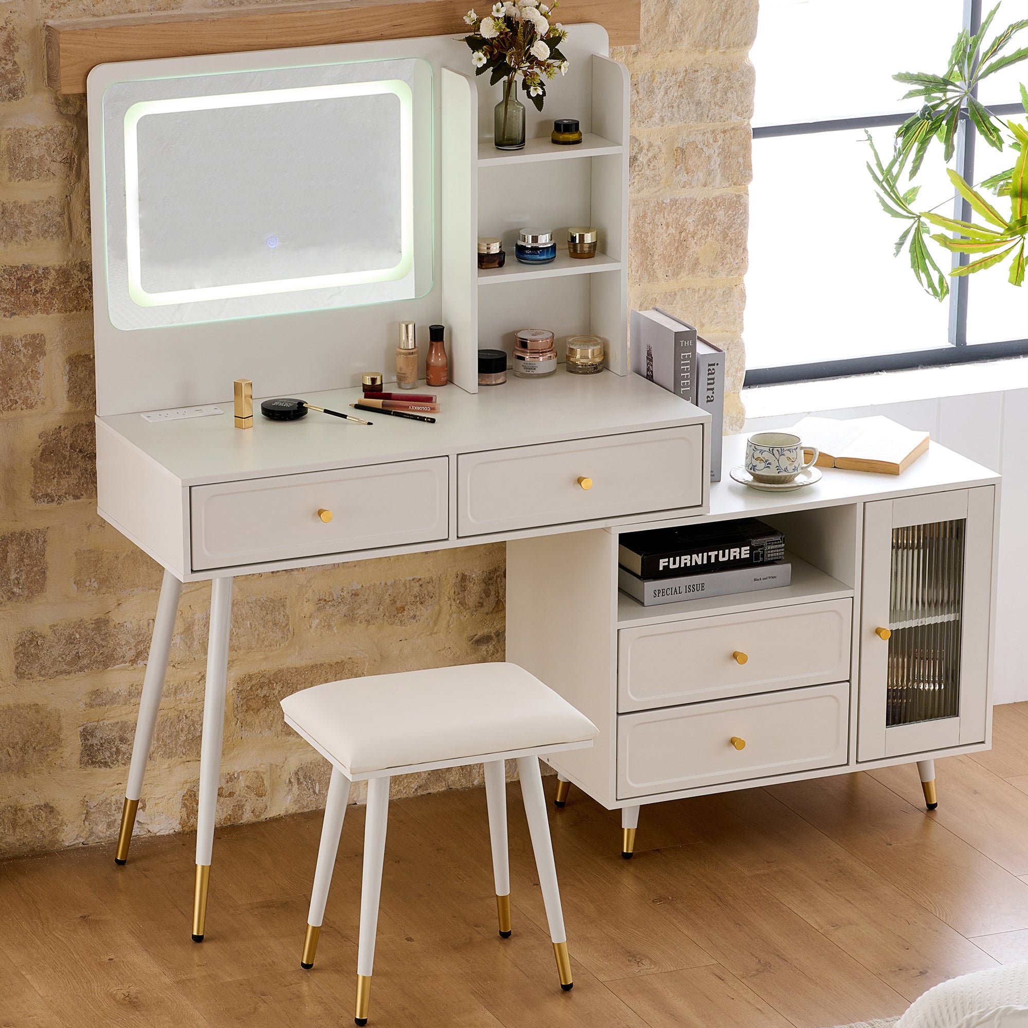 White Modern Makeup Vanity Desk w/ Mirror, Lights, Drawers, Power Outlet