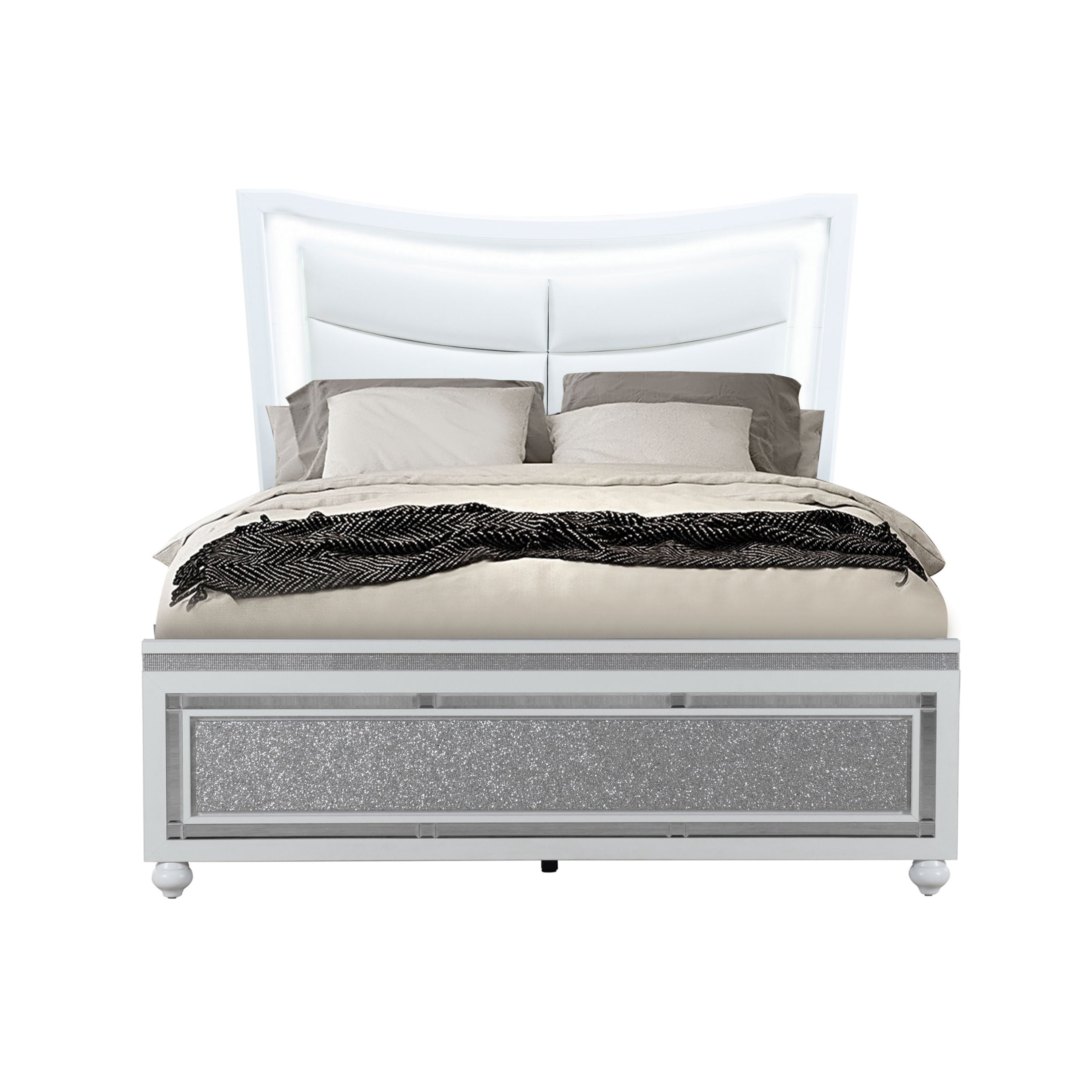 MALOISE Contemporary Glam Queen Bed White Finish Padded Headboard