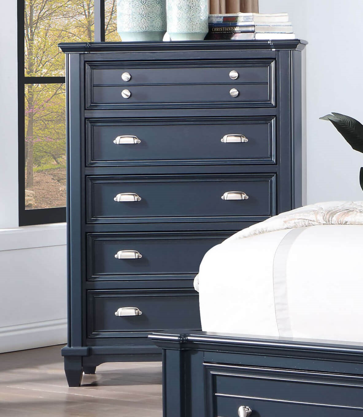 Transitional Slate Blue Chest Bedroom Furniture Nickel Knobs