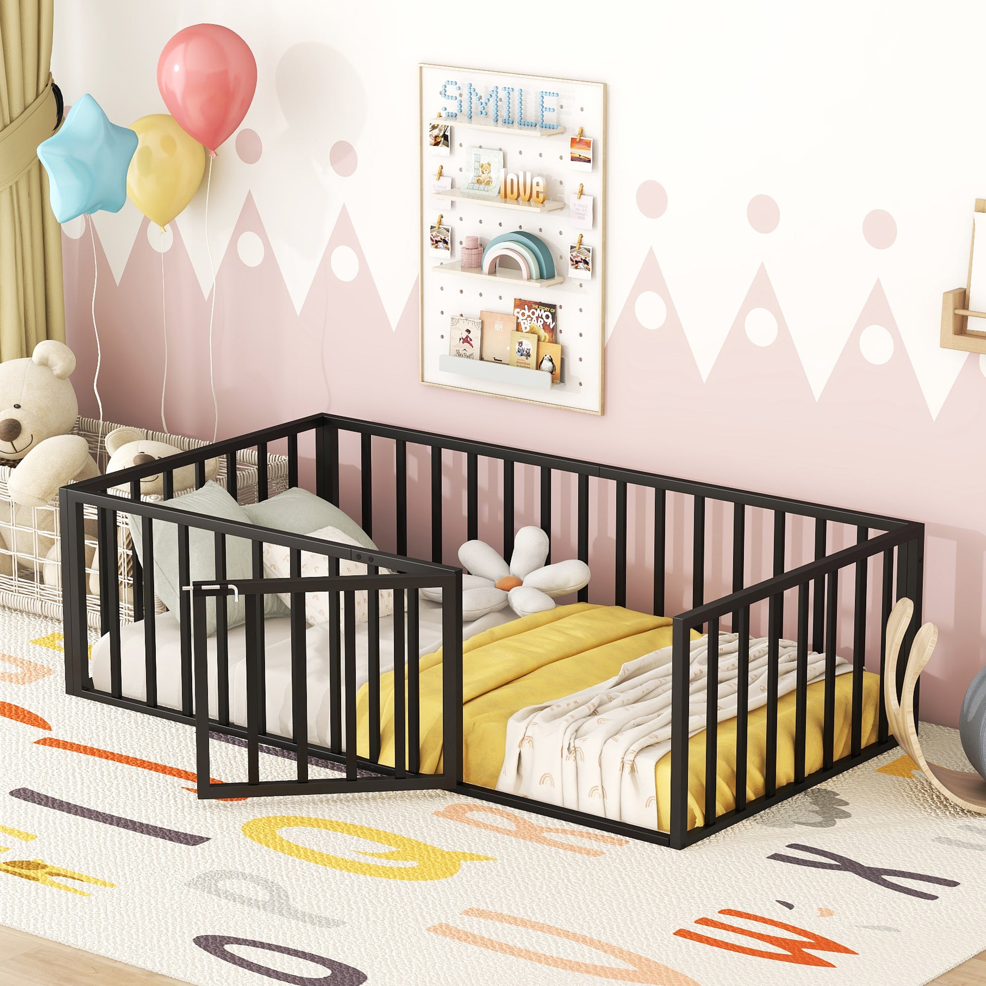 Twin Size Black Metal Floor Bed Frame with Fence & Door