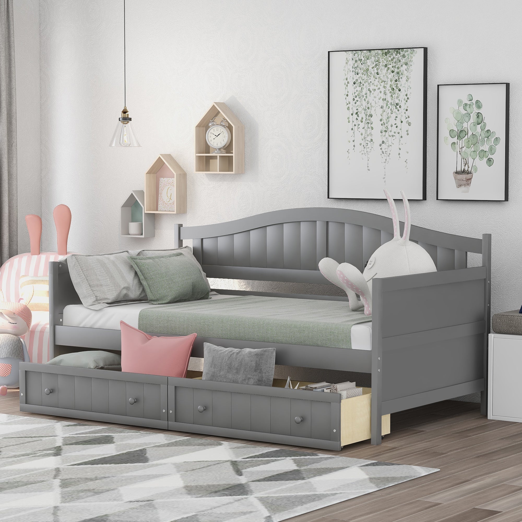 Twin Daybed with Drawers: Sofa Bed, Gray