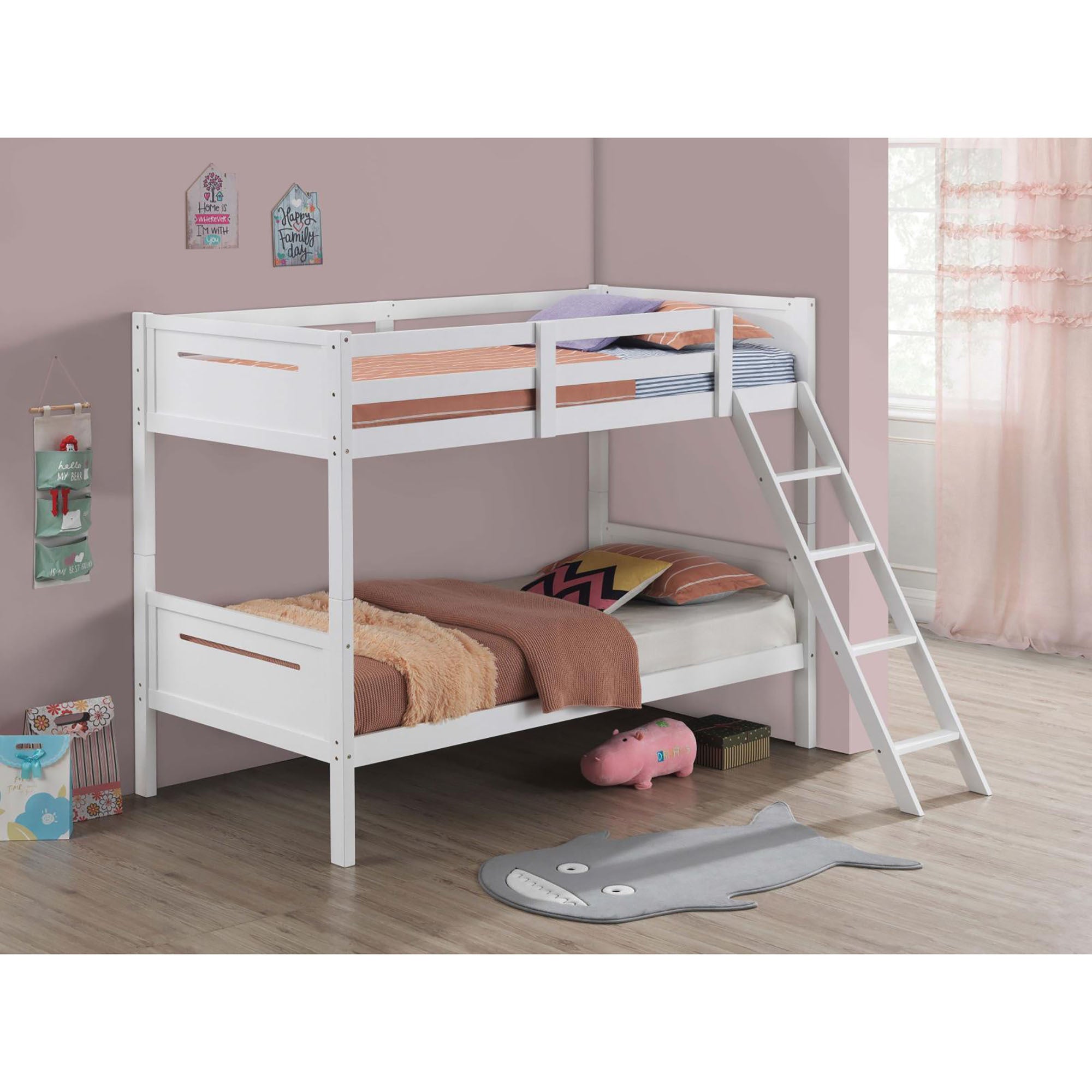 White Twin Over Twin Bunk Bed with Built-in Ladder - Space Saving