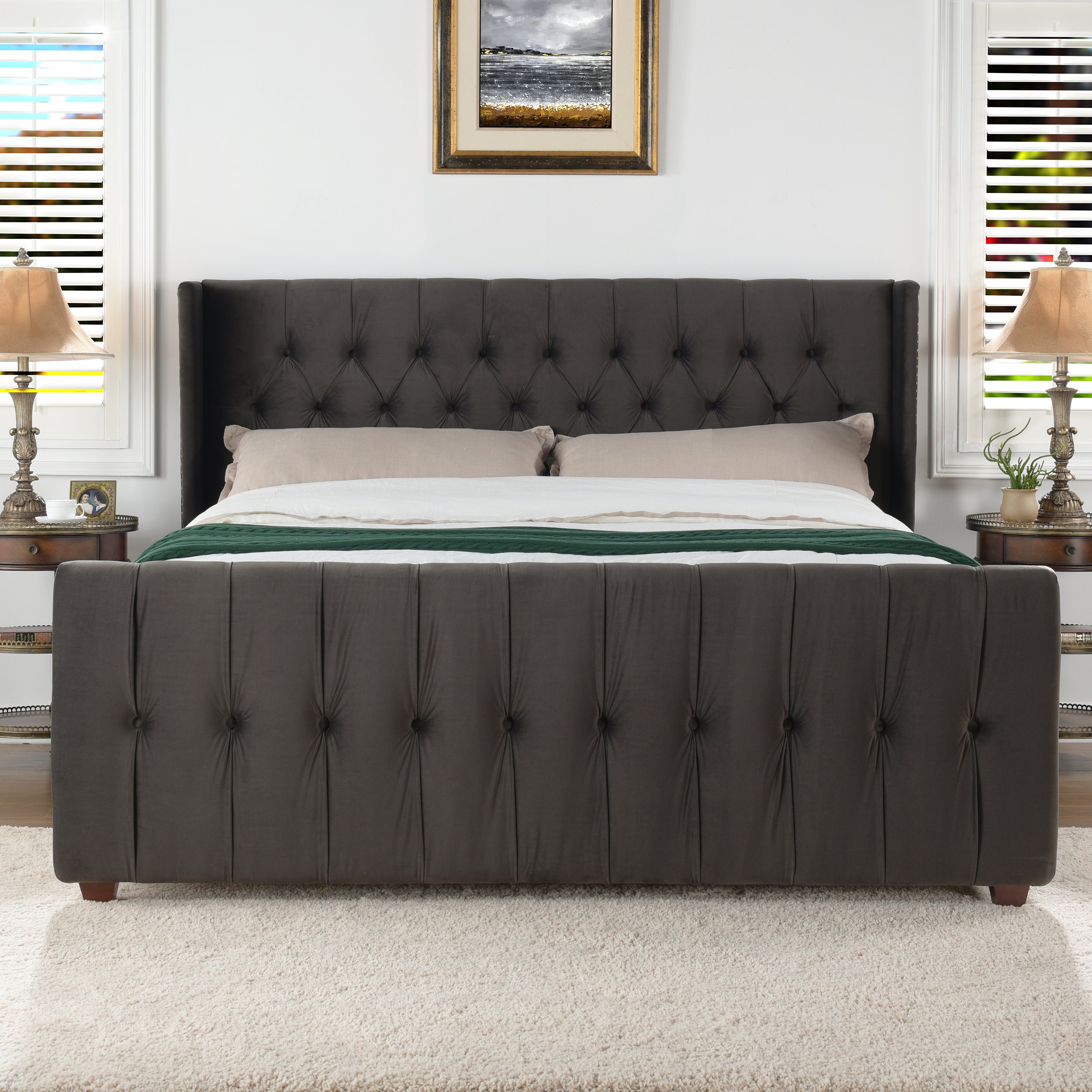 David Tufted Wingback King Bed - Dark Charcoal Grey Velvet