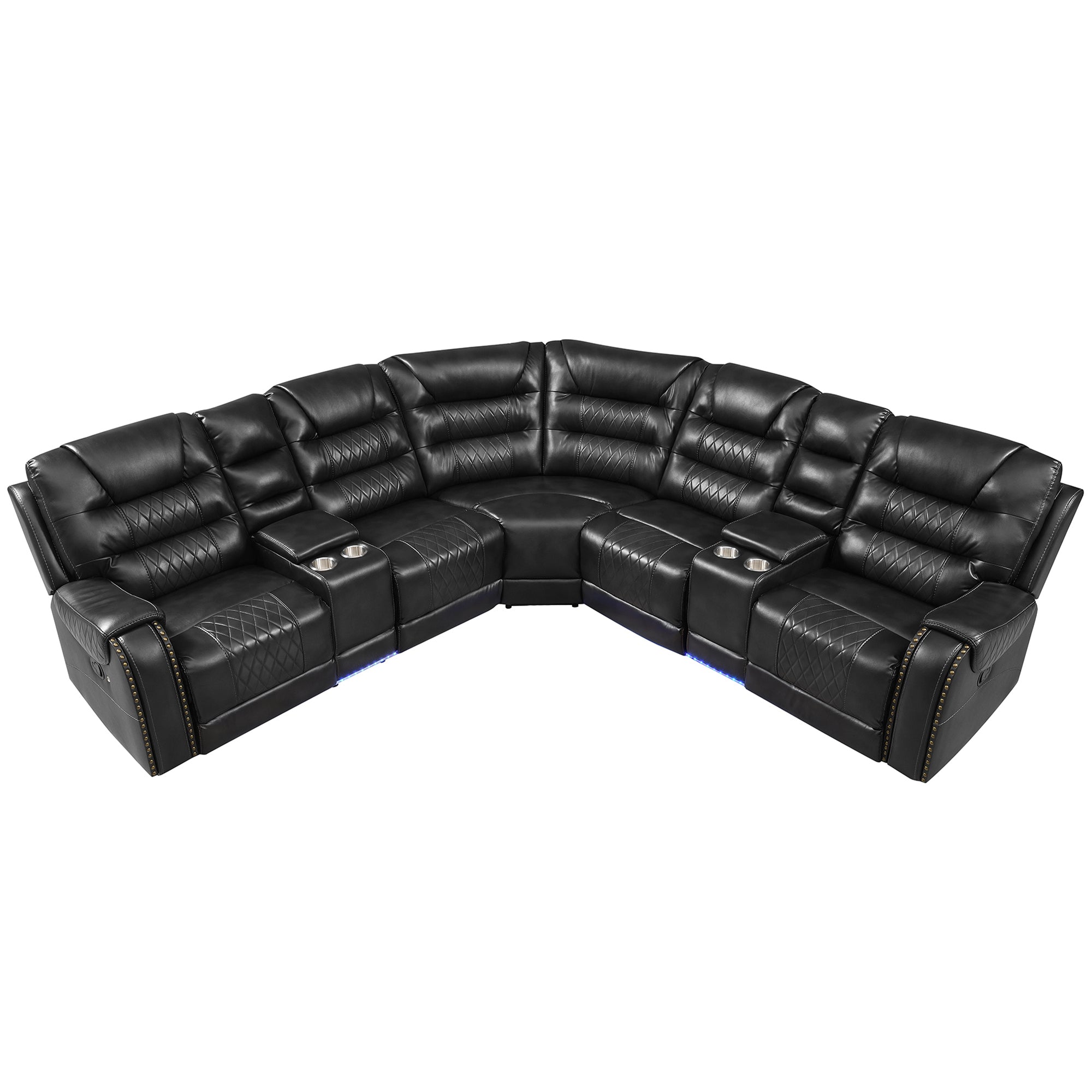 Black Reclining Sectional Sofa: Storage, LED, Cupholders