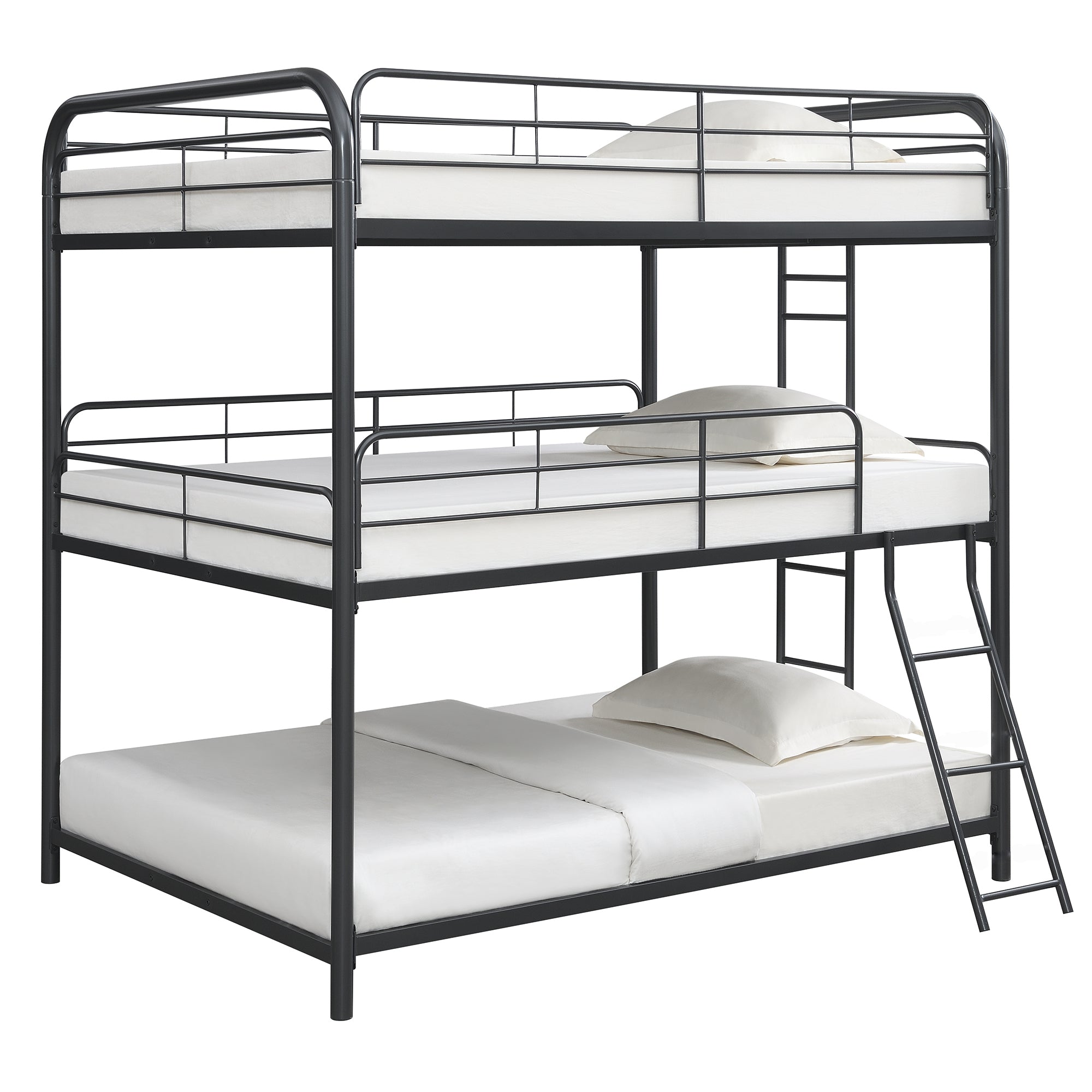 Modern Full Size Black Triple Bunk Bed with Safe Metal Frame & Stairs