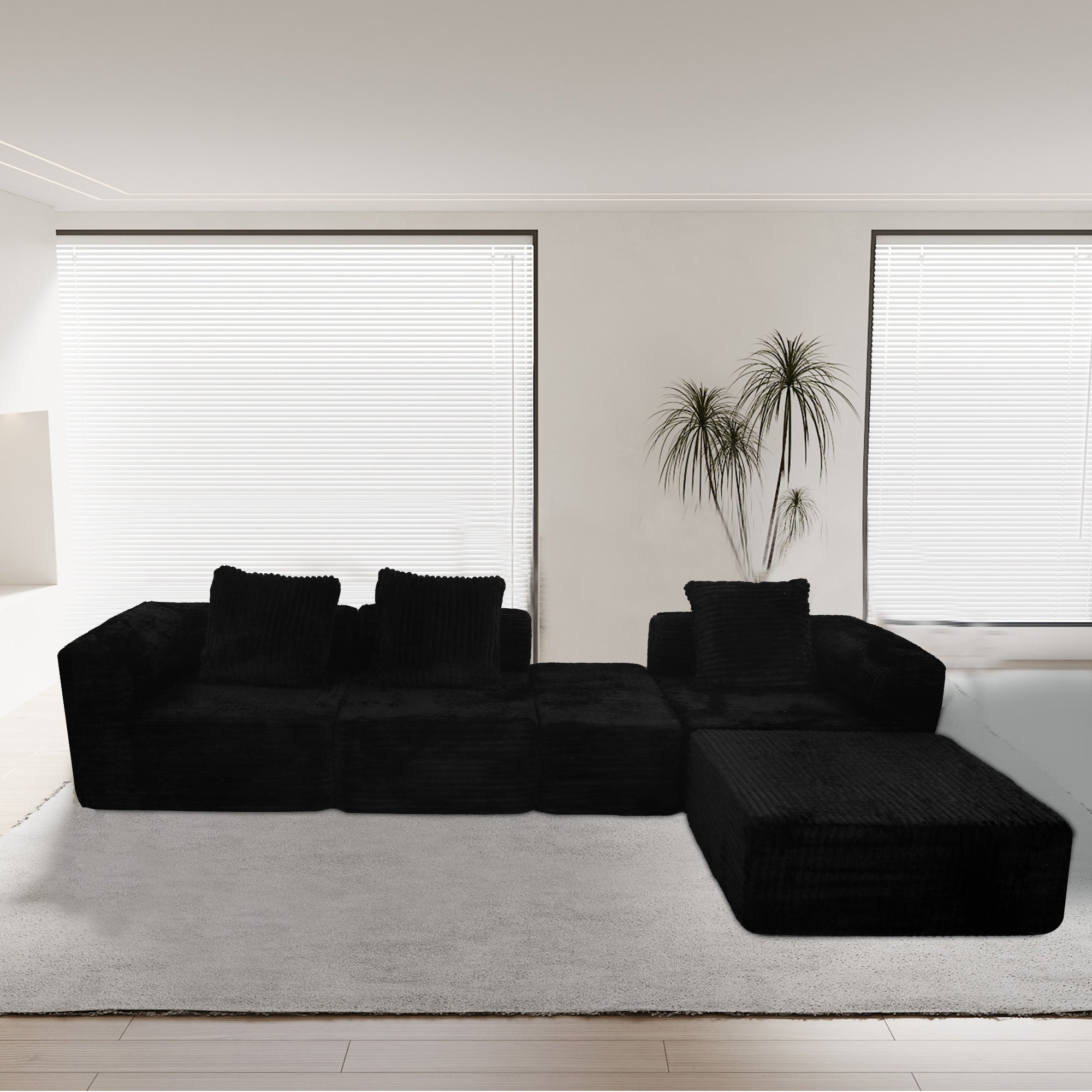 Cloud Modular Black Sectional Sofa 4-Seat w/ Ottoman