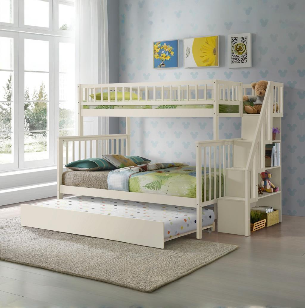 Cream Twin/Full Stairway Bunk Bed with Trundle - Space Saving