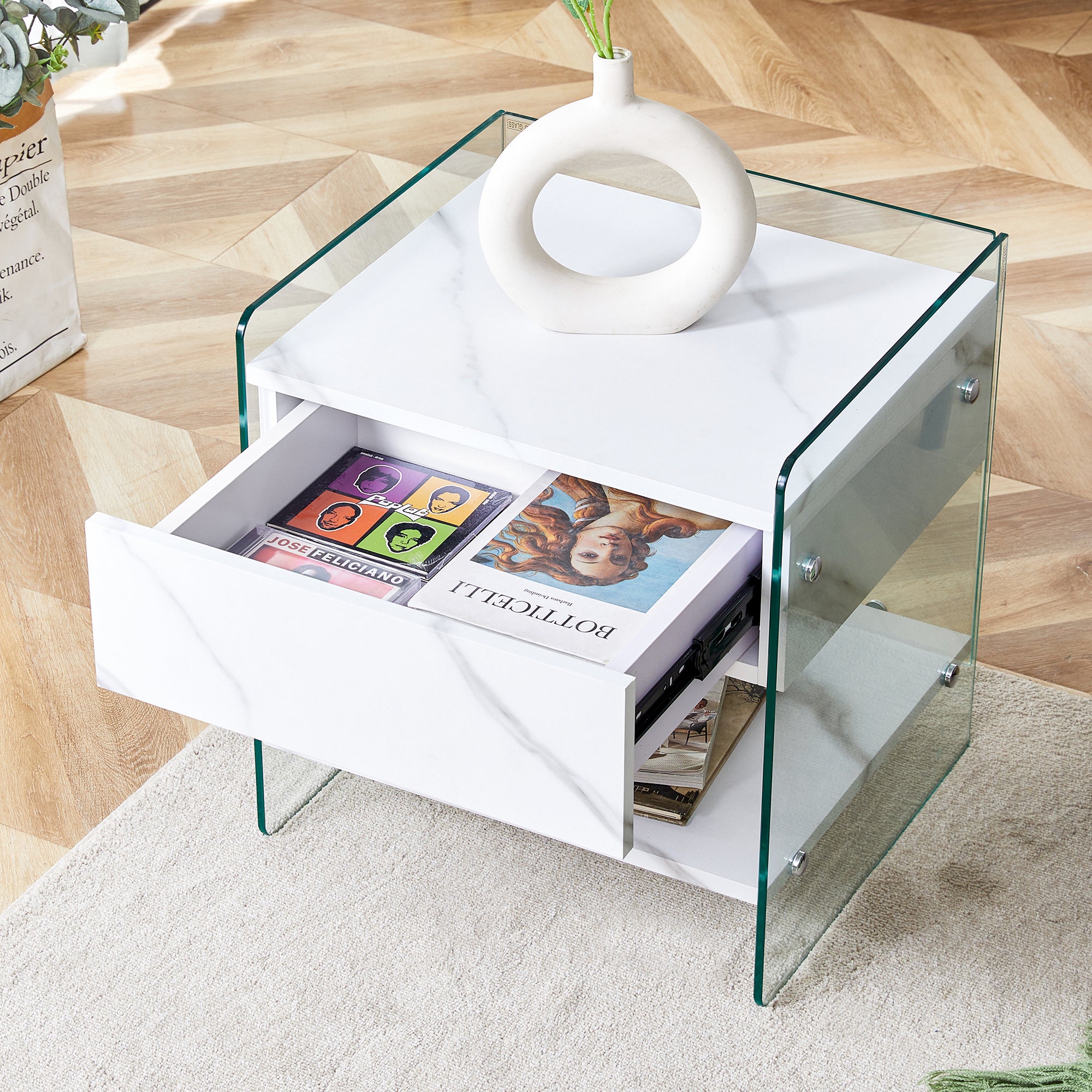 Elegant Glass Bedside Table with Drawers - Modern Storage
