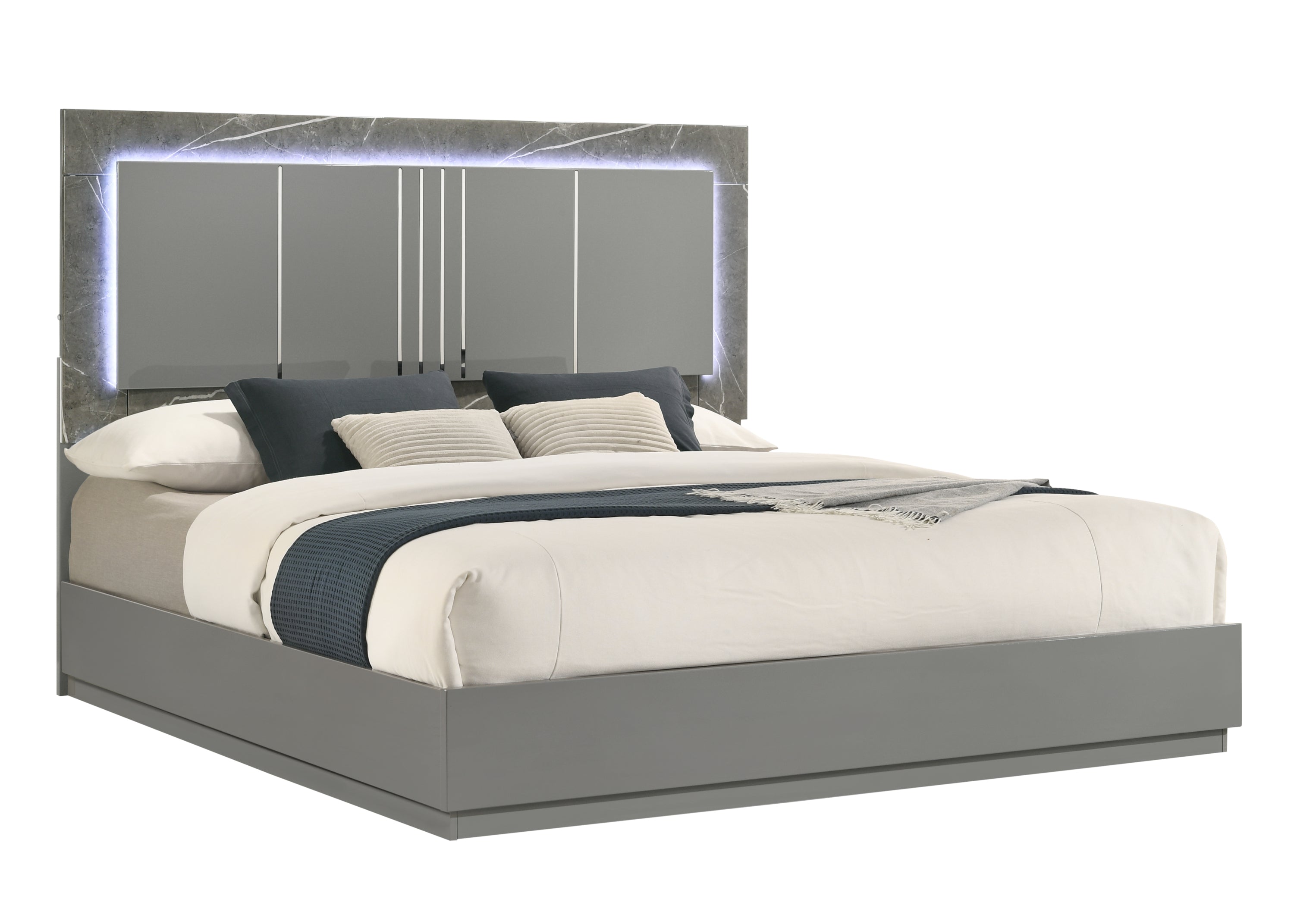 Elara King Bed: High-Gloss Marble, LED Lights, Gray, NJ