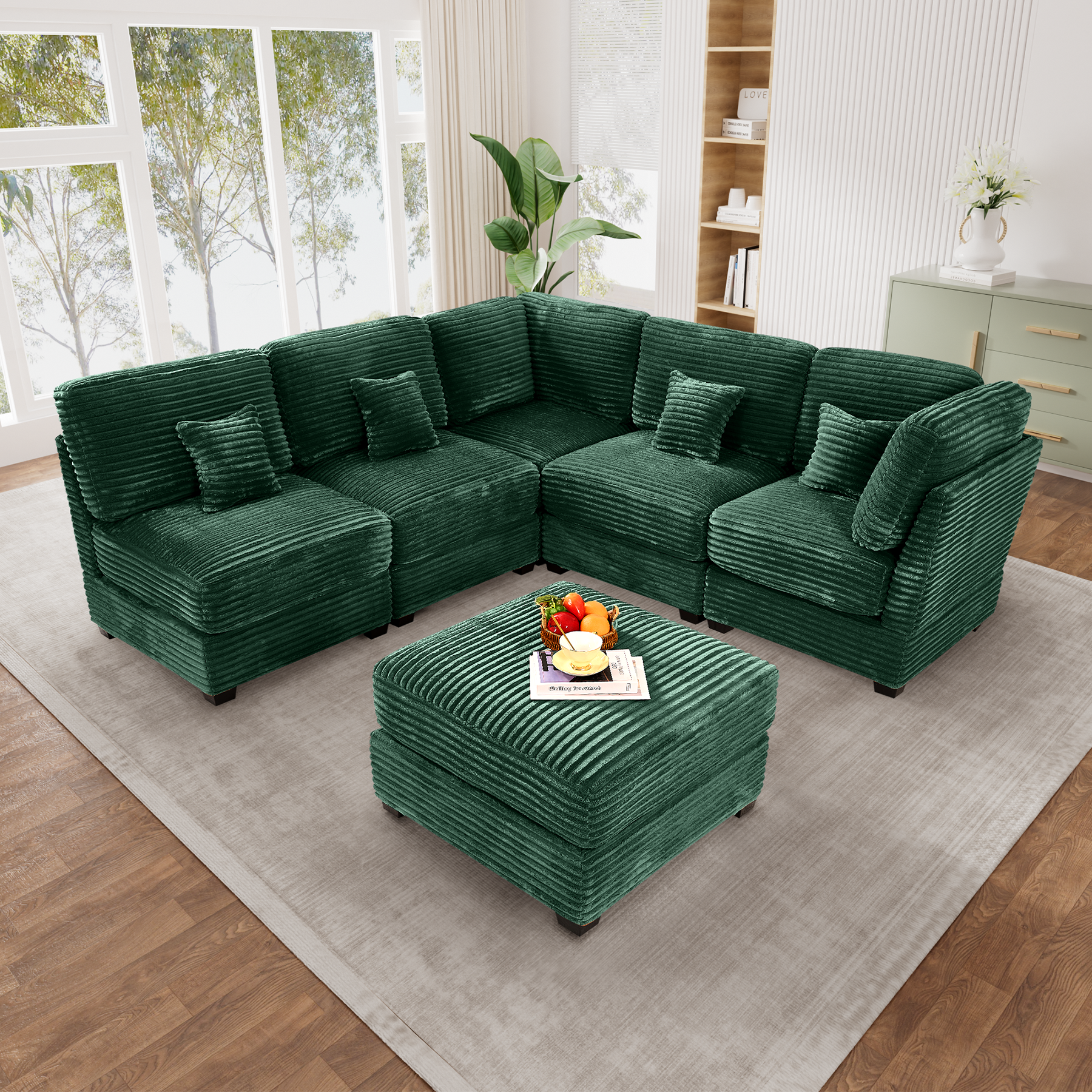 123" Green Modular Sectional Sofa Bed U-Shaped Corduroy