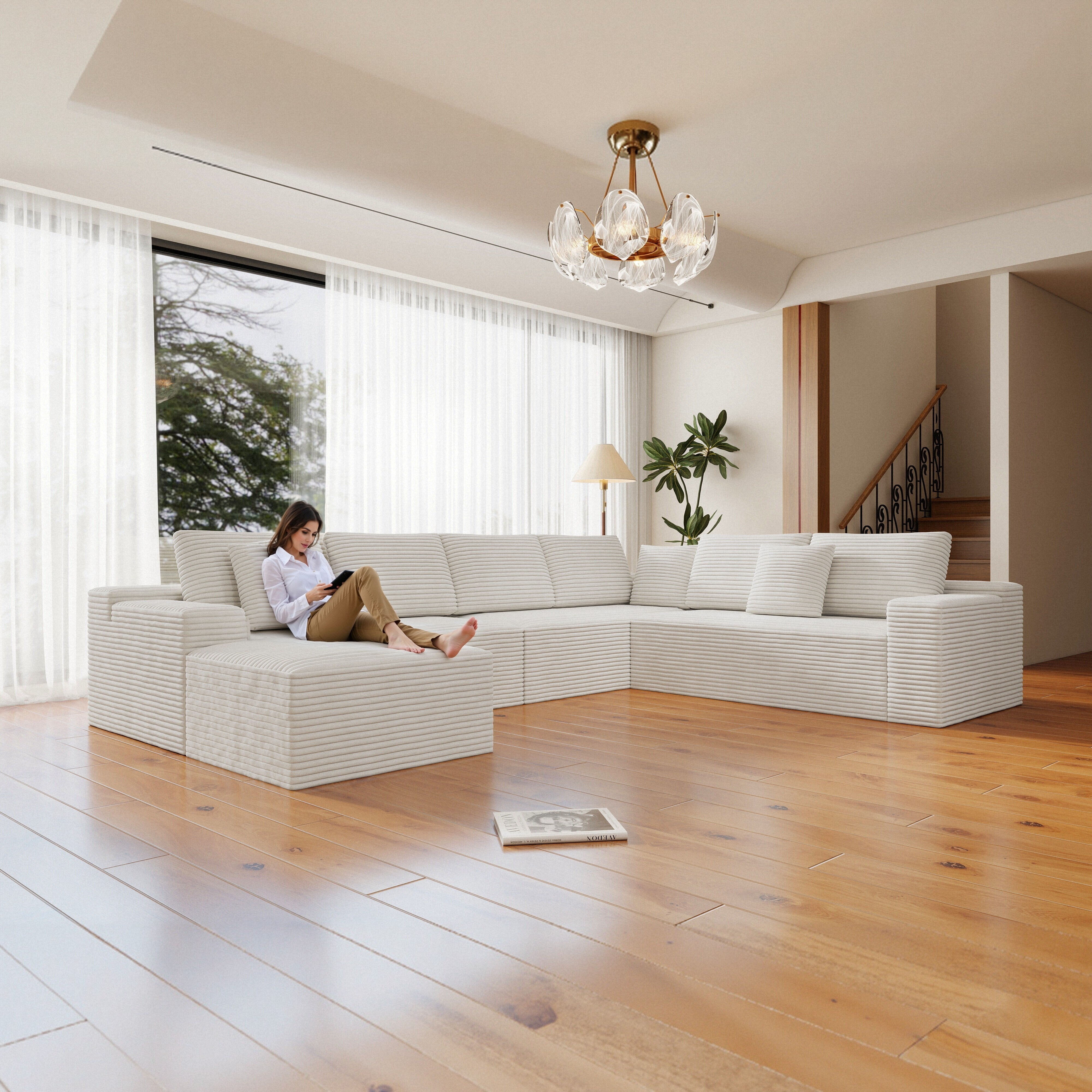 Modular Sectional Sofa Couch - White Corduroy, No Assembly