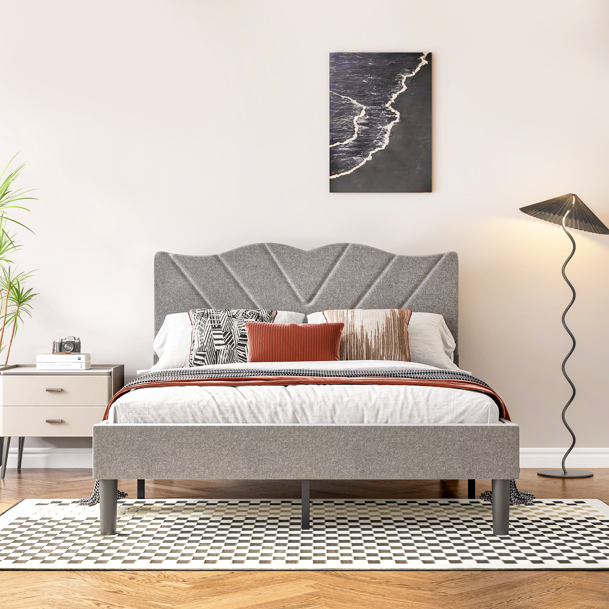 Full Size Modern Grey Platform Bed Frame, Upholstered, No Box Spring