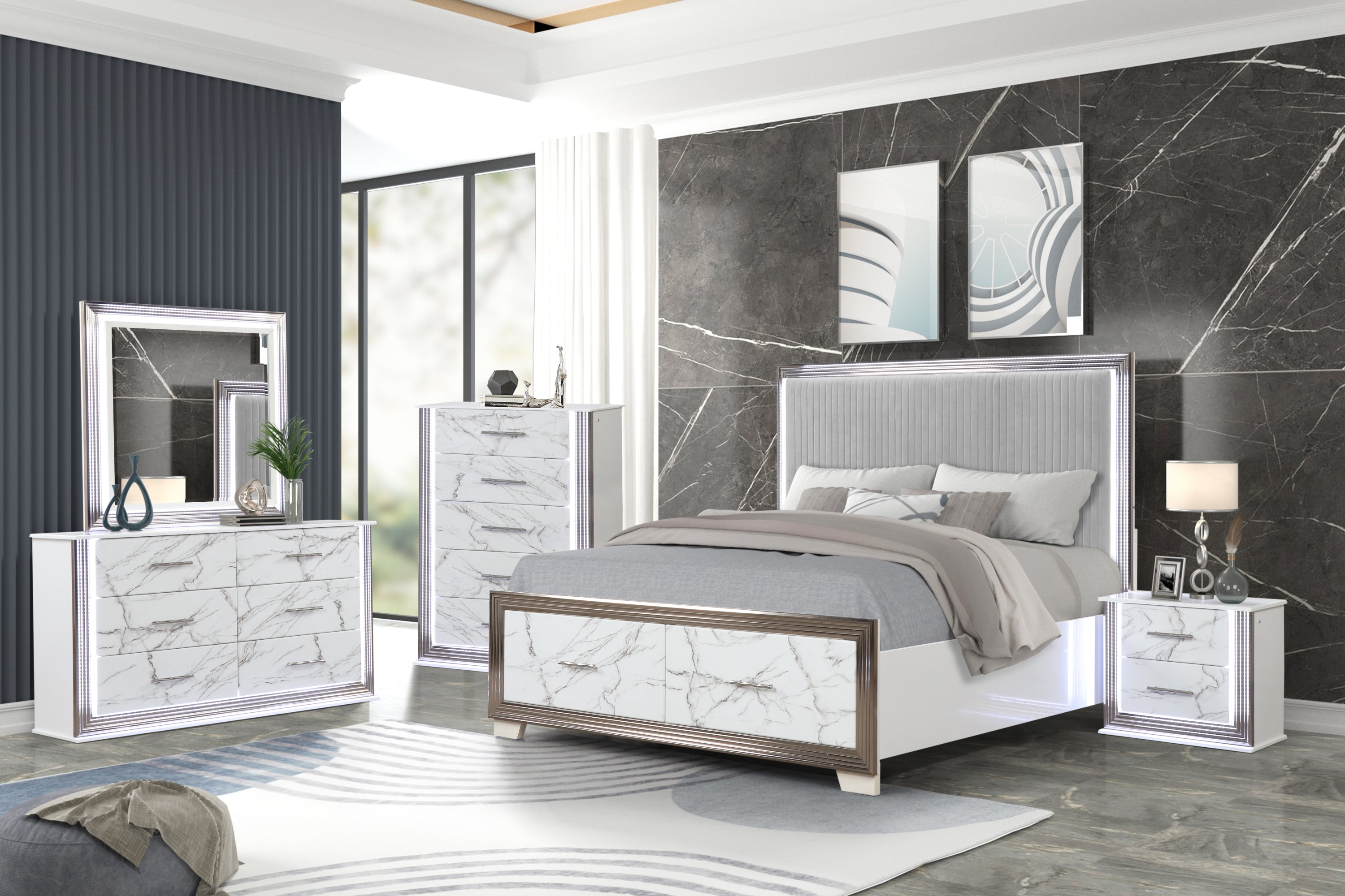 Desire Queen 5-PC LED Bedroom Set - White Marble Metallic Accents