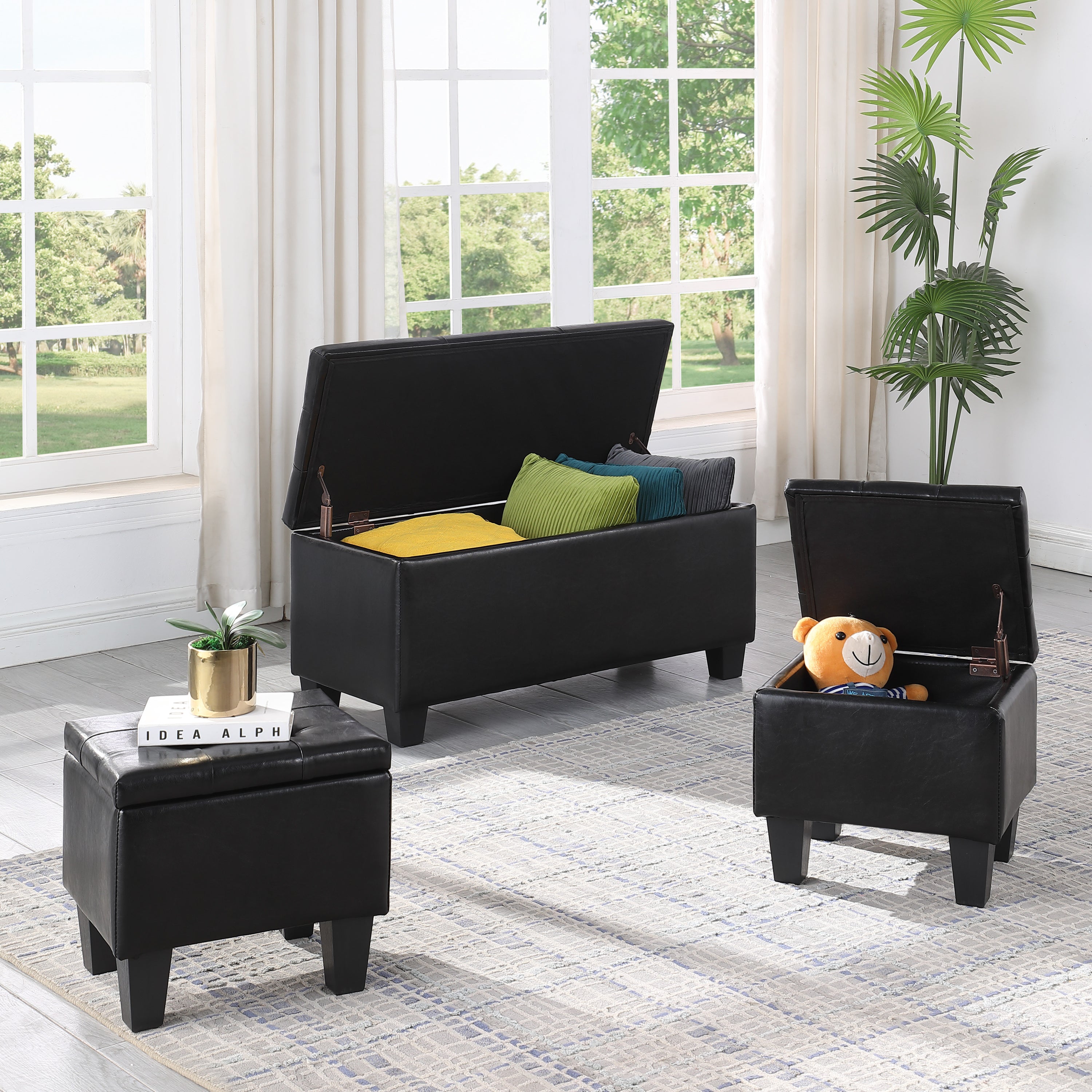 Large Storage Ottoman Bench Set: 3-in-1 Tufted Linen