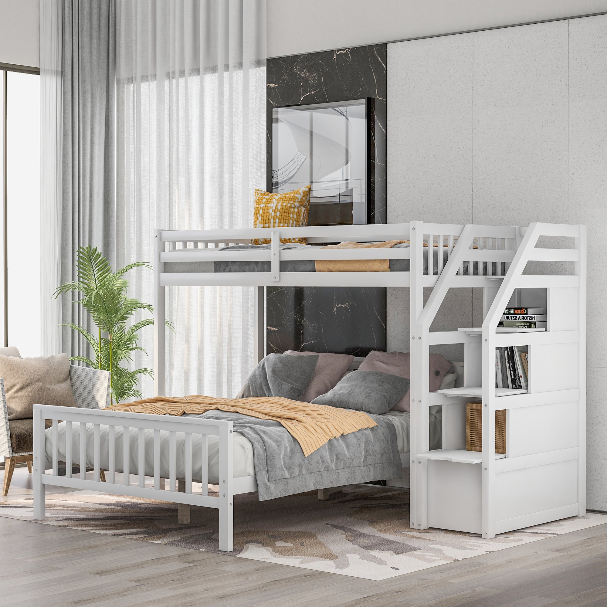 White Twin Over Full Loft Bed with Staircase for Kids Room