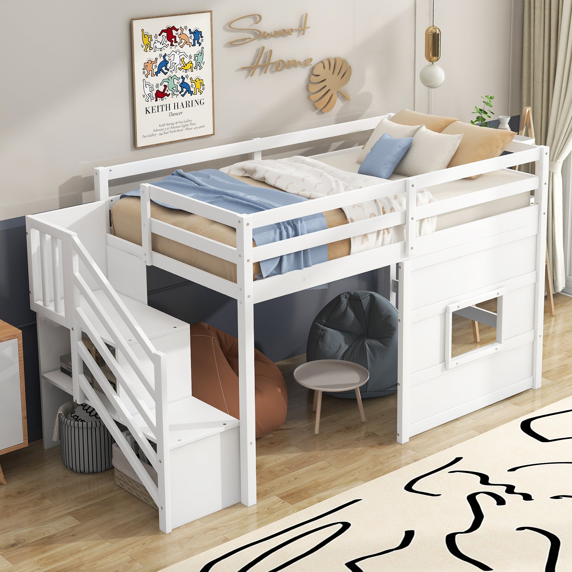 White Twin Loft Bed with Storage Staircase & Window