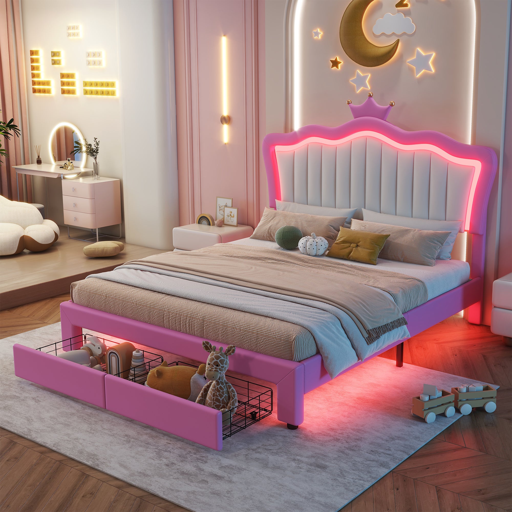 Pink Princess Bed Frame w/ LED Lights & Drawers