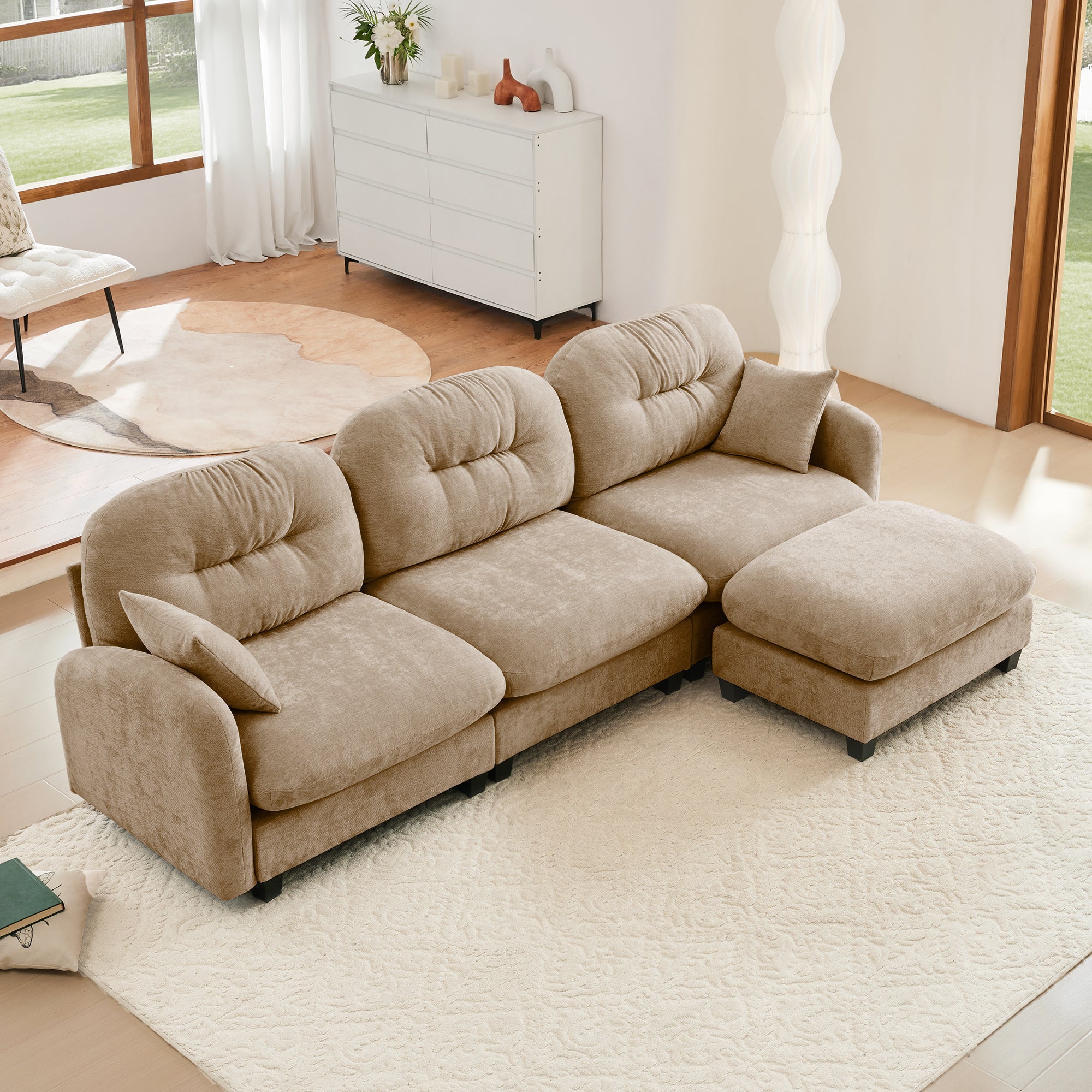 Modular L-Shaped Chenille Sectional Couch with Ottoman