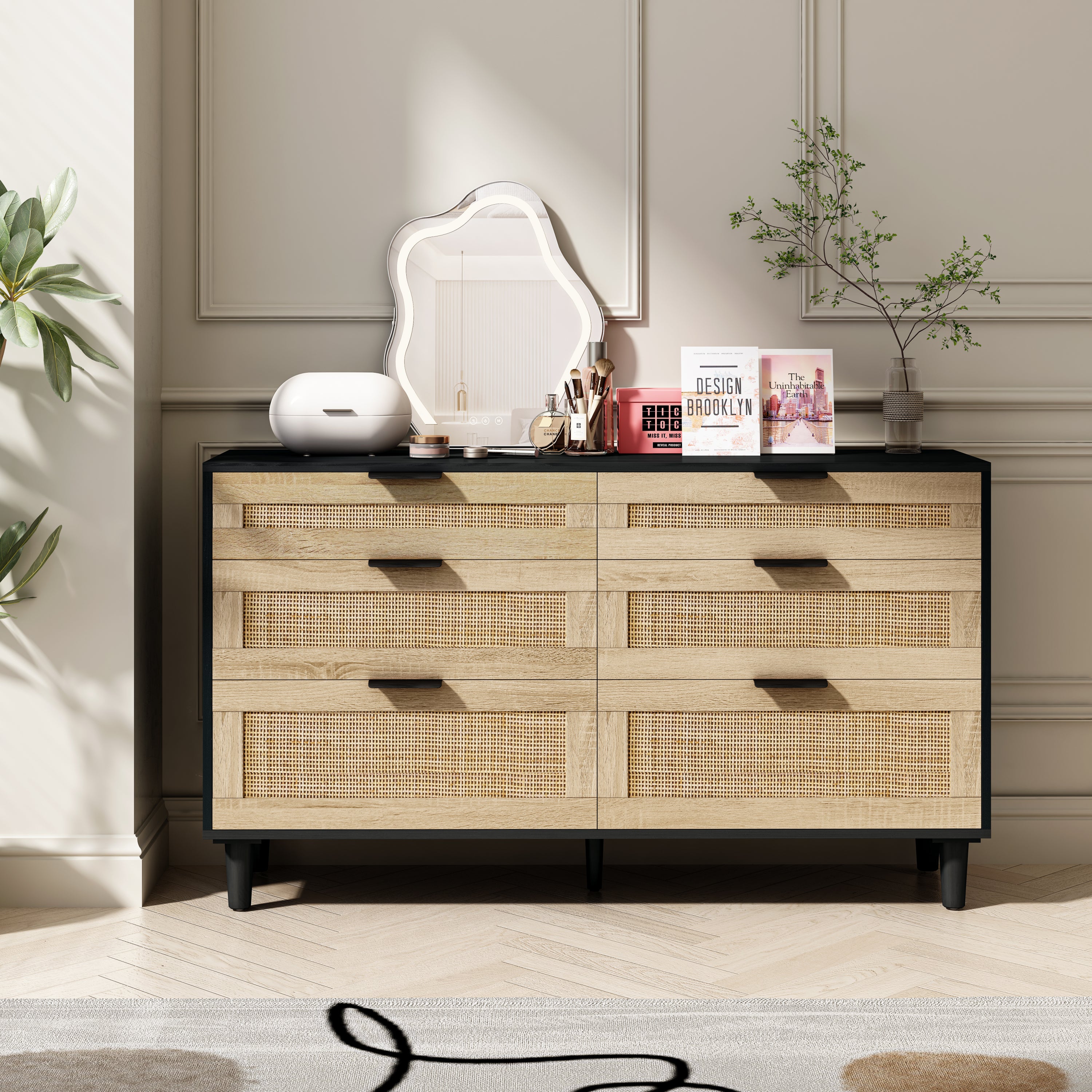 Black 51" Rattan 6-Drawer Dresser Bedroom Storage