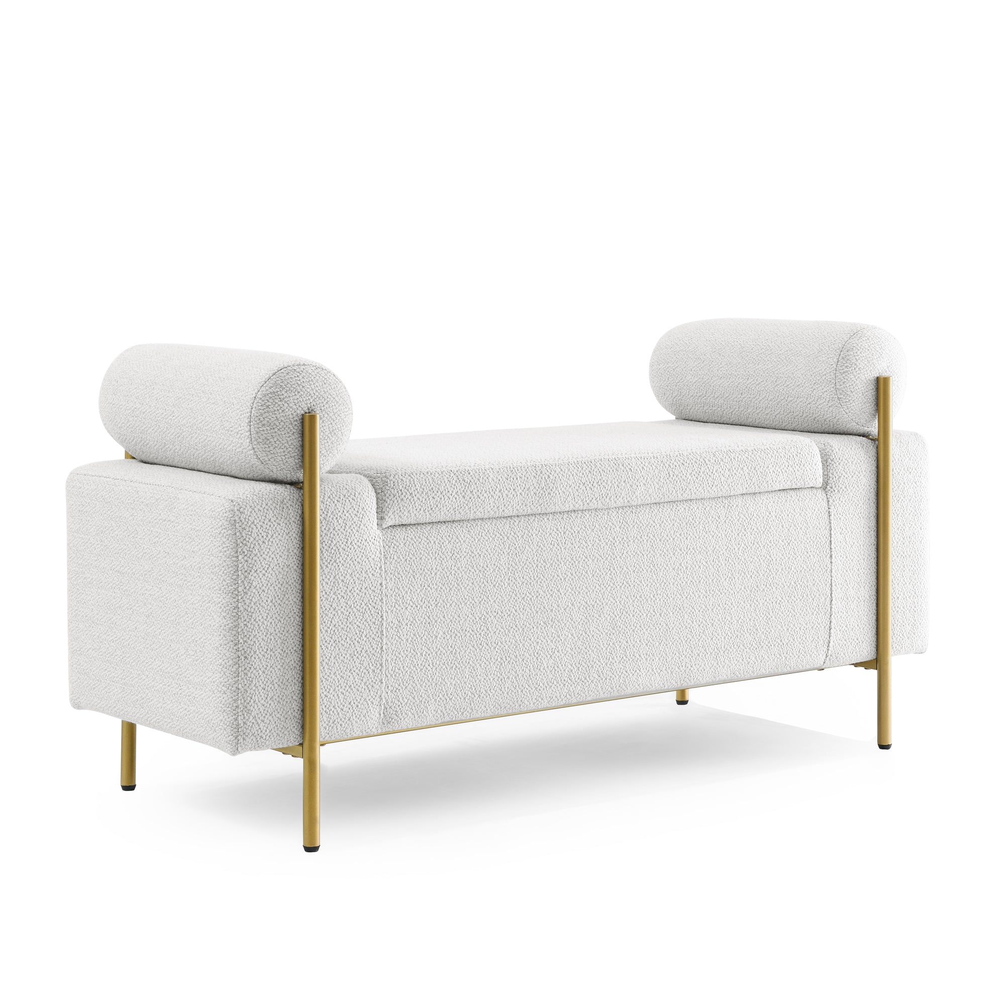 White Upholstered Linen Storage Bench with Arms Iron Legs