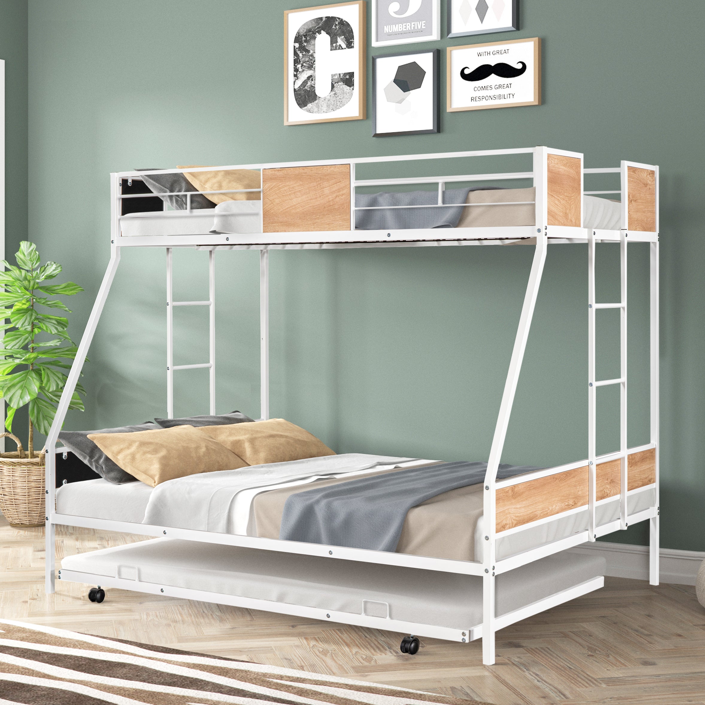 Metal Twin Bunk Bed w/ Trundle: Sturdy & Safe