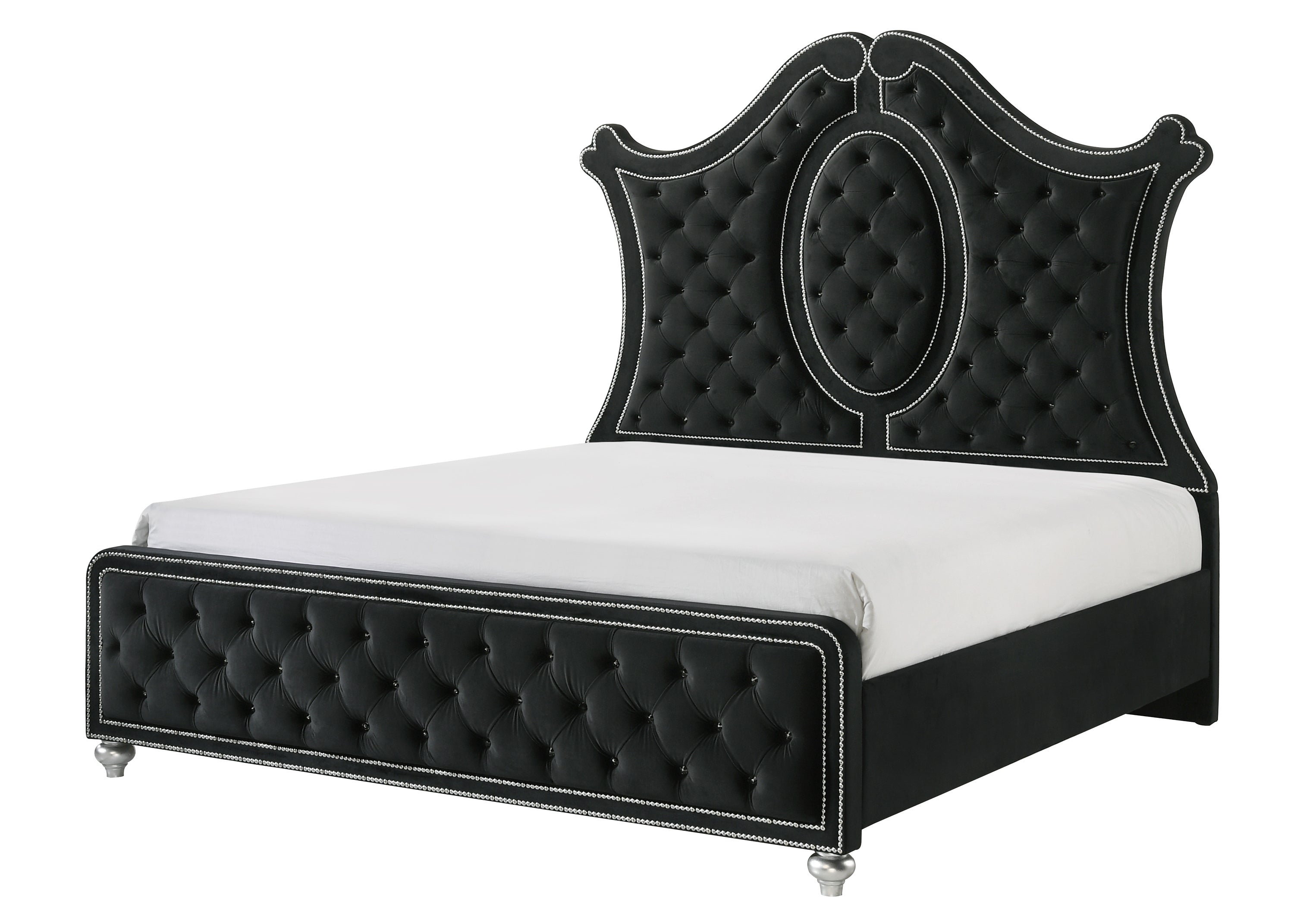 Modern Luxury Black Queen Tufted Panel Bed w/ Nailheads