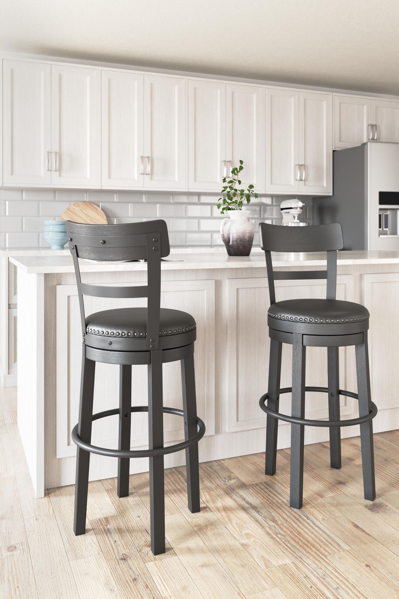 Tall dark upholstered swivel barstool with rounded back, fabric seat, and footrest