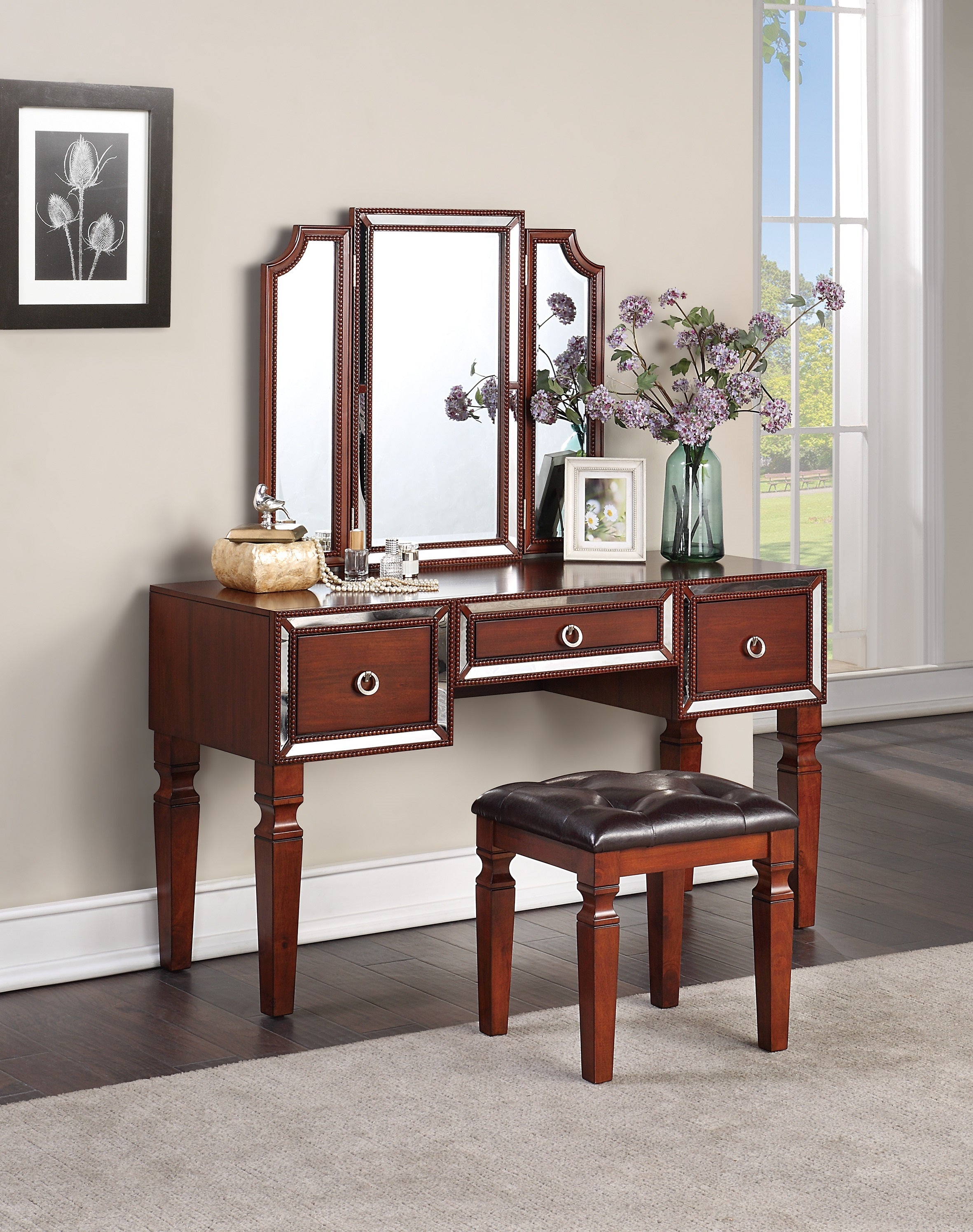 Classic Cherry Vanity Set w/ Stool, Tri-Fold Mirror & 3 Drawers