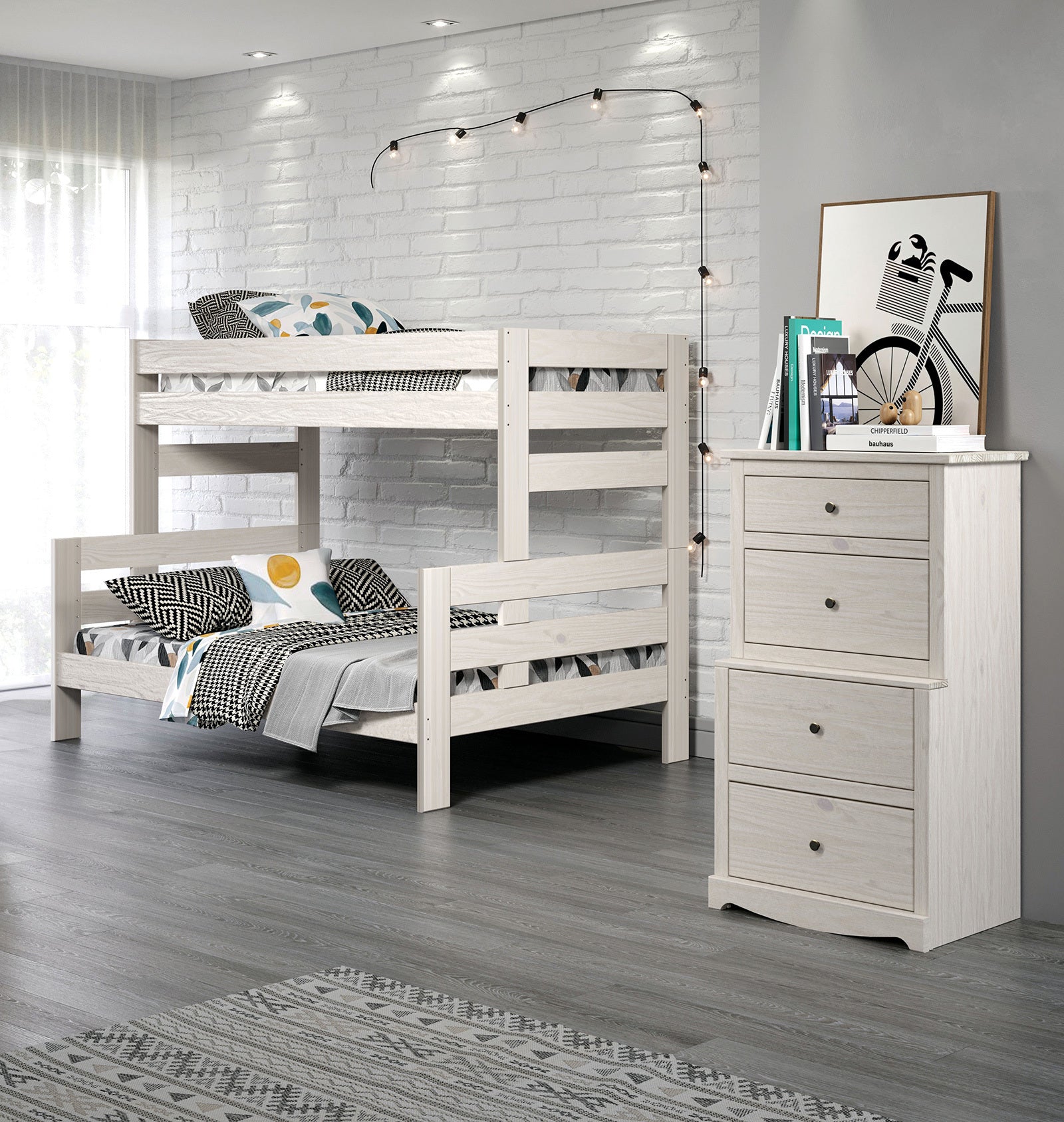 White Finish Rustic Plank Wood Bunk Bed | Ladder & Plank Design Style