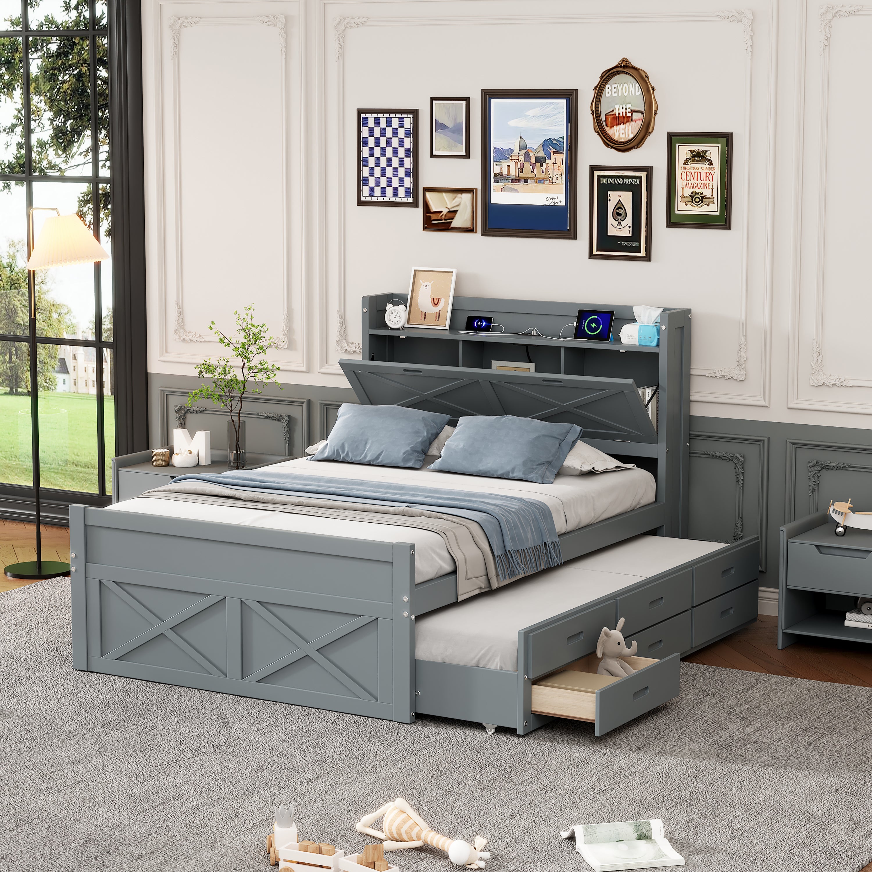 Gray Full Wood Bed with Storage, Trundle, Outlets