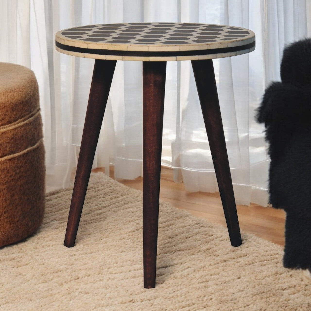 Solid Wood Bone Inlay Tripod Stool Caramel Dark Brown Finish