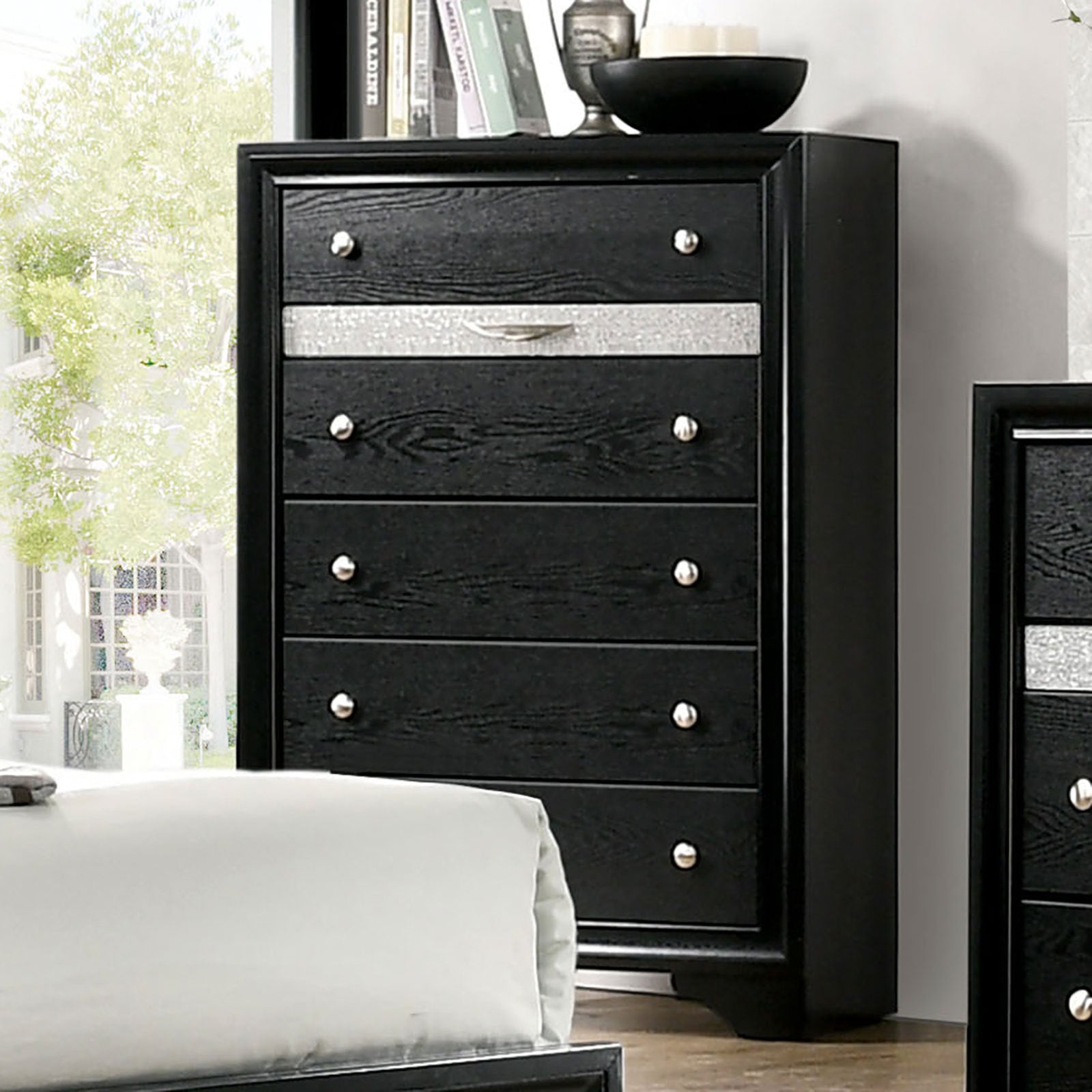 Contemporary Black Chest: English Dovetail, Hidden Jewelry Drawer