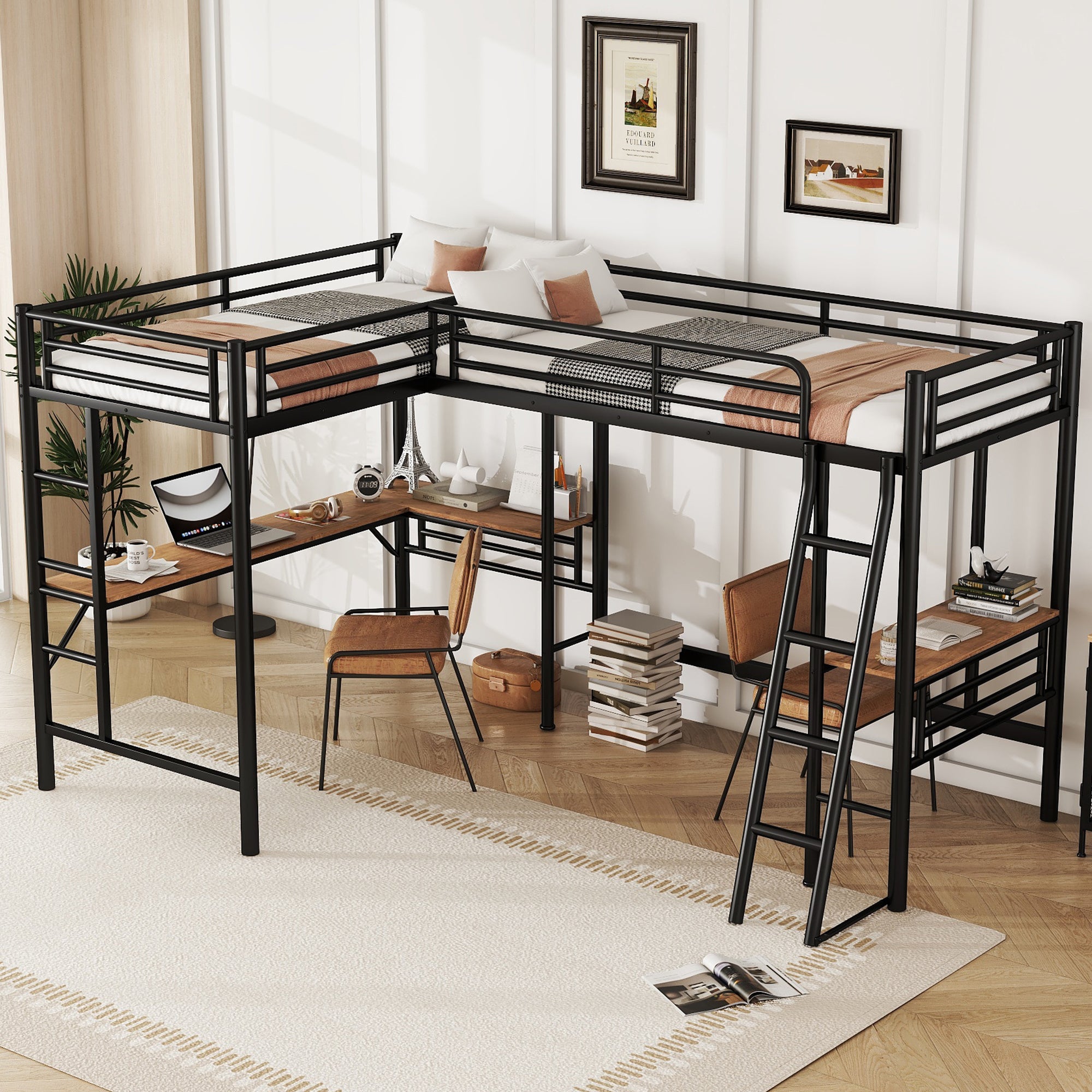 Twin Size Black Metal Loft Bed with 2 Built-in Desks