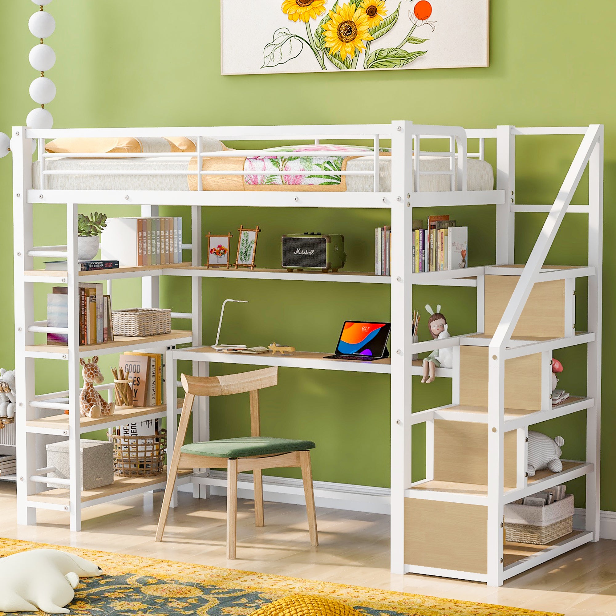 White Twin Metal Loft Bed: Staircase, Desk, Storage