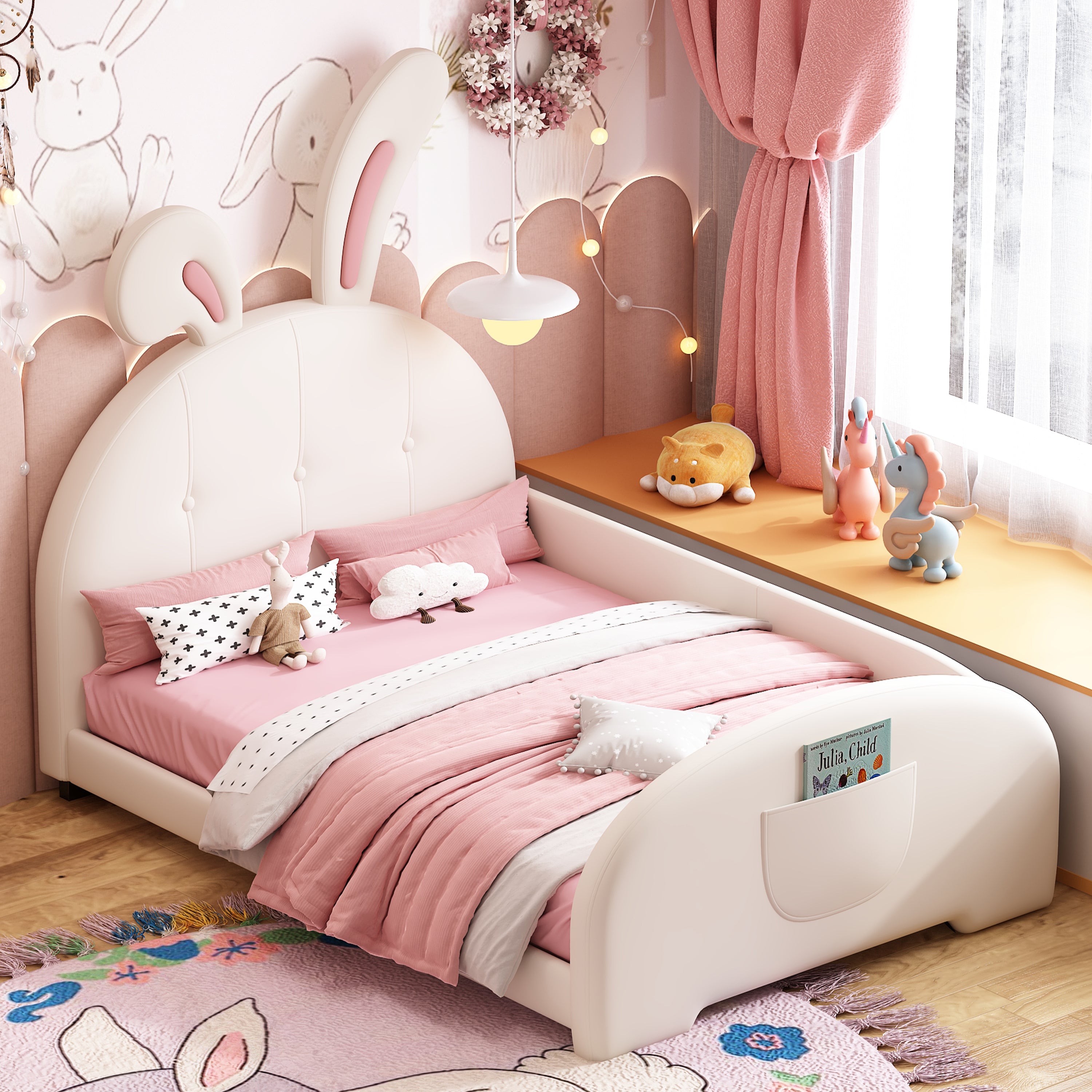 Twin Upholstered Rabbit-Shape Princess Platform Bed White