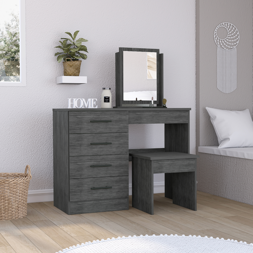 Kaia Smokey Oak Makeup Vanity with Mirror & Stool