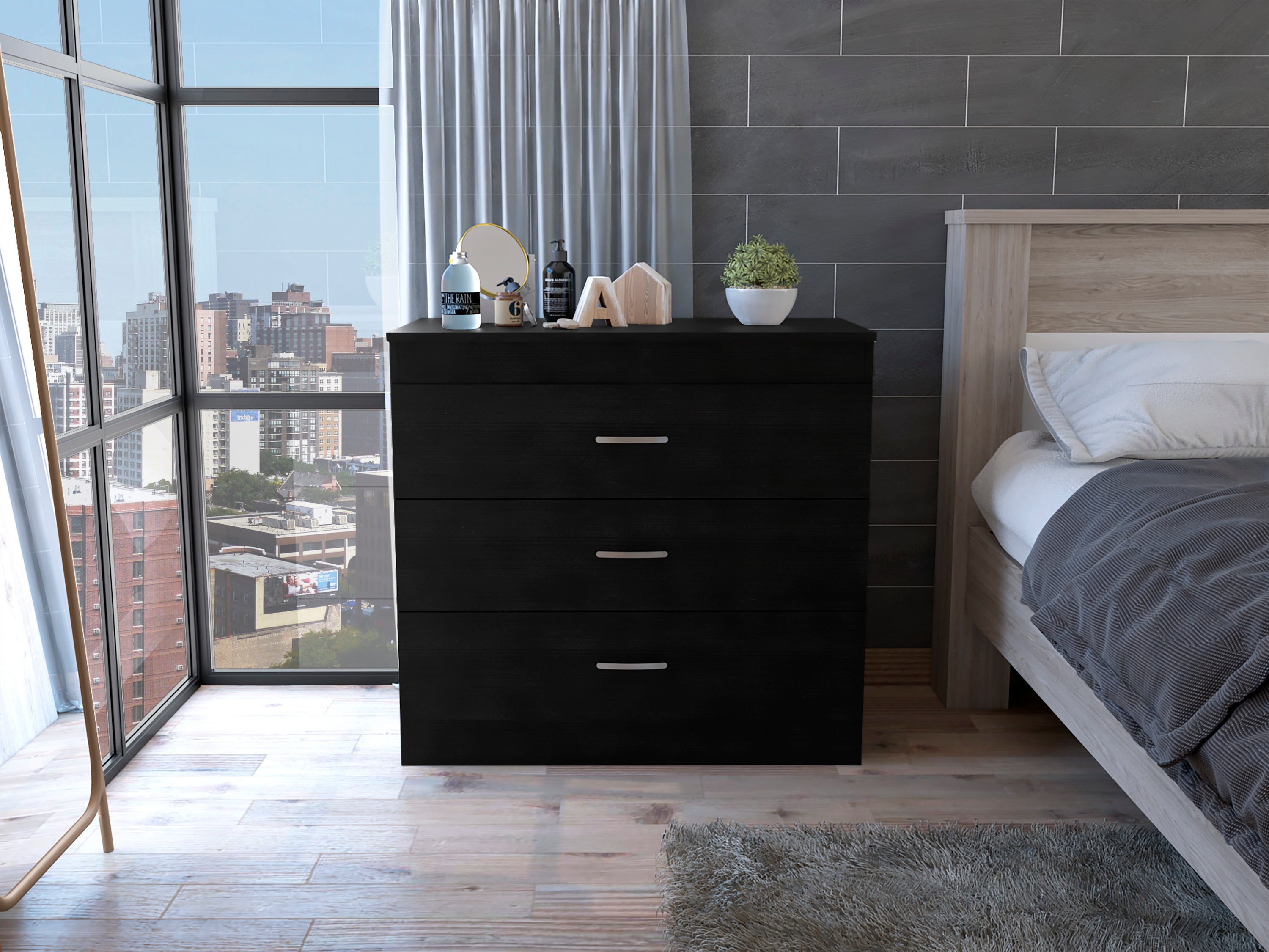 Melia Black 3-Drawer Dresser - Superior Top, Metal Hardware